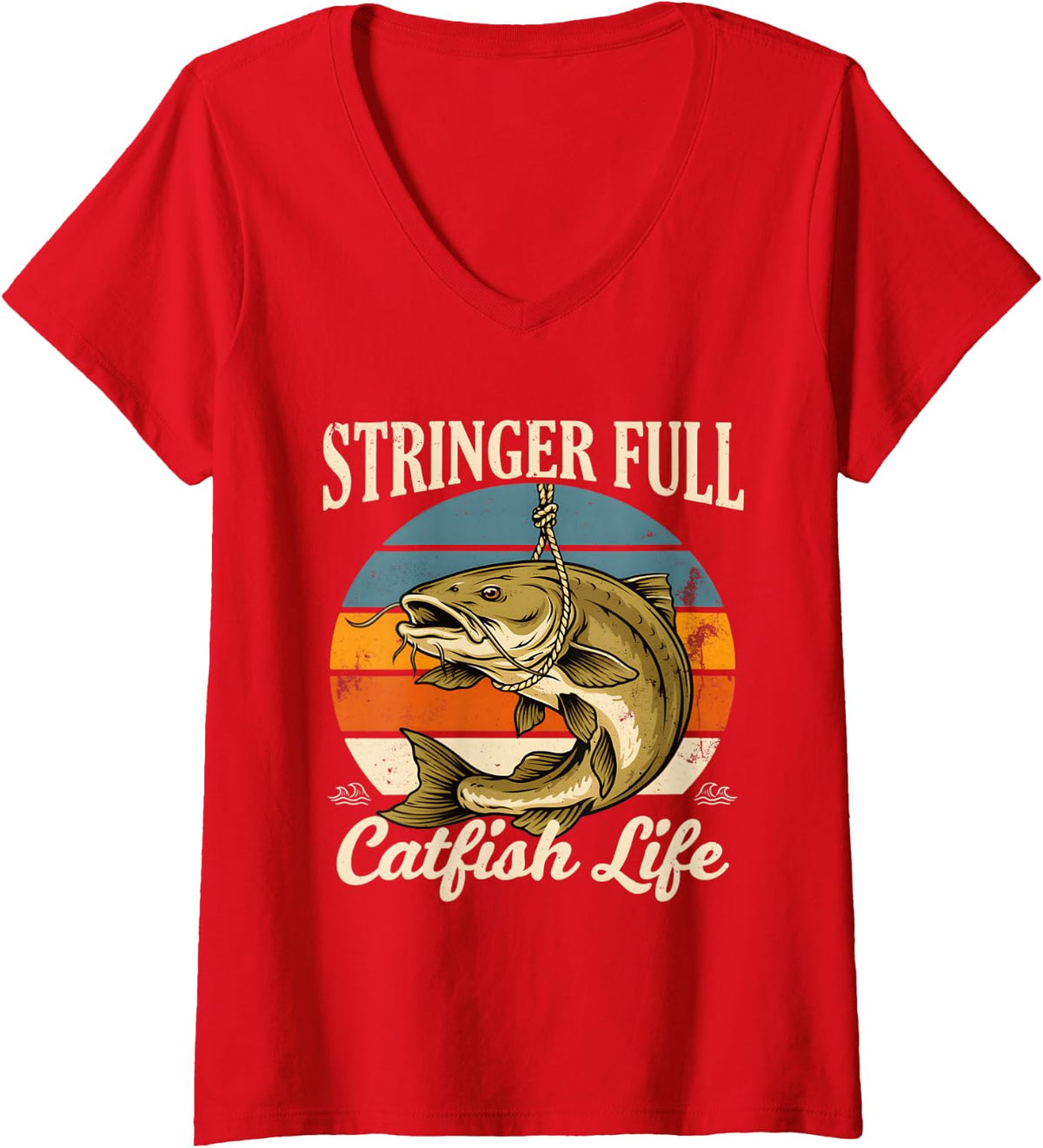 Women's Stringer Full Catfish Life Fishing Angler V-Neck T-Shirt - Red