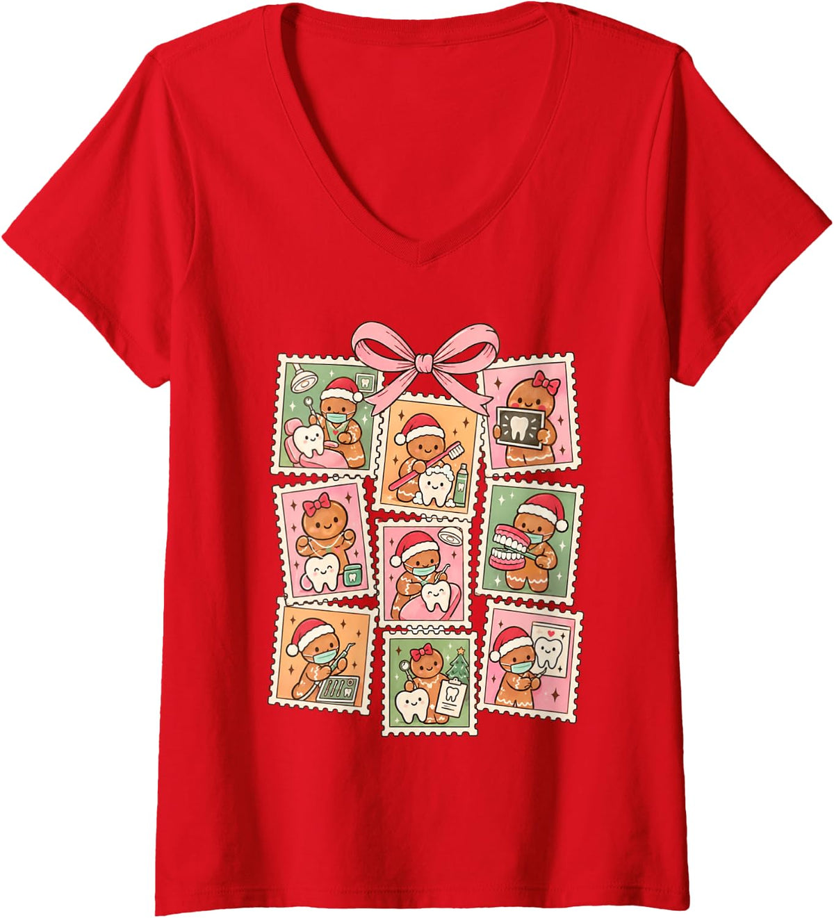 Women's Dental Hygienist Squad RDH Christmas Gingerbread Dentist Bow V-Neck T-Shirt - Red