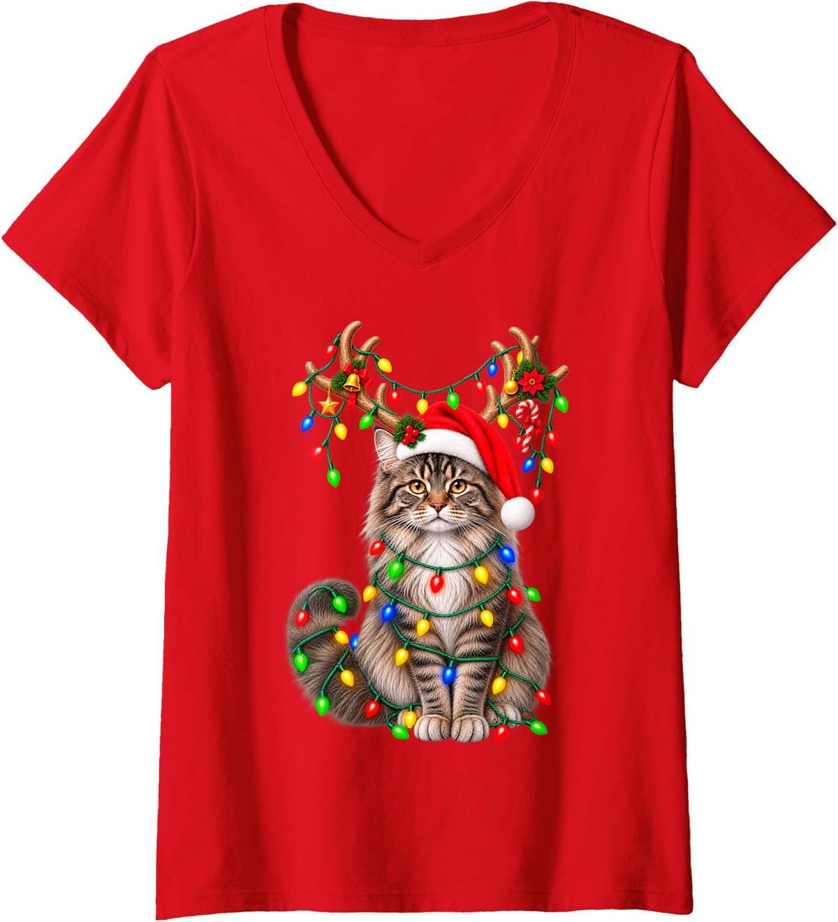 Women's Maine Coon Christmas Cat Reindeer Lights Santa Hat Xmas 2026 V-Neck T-Shirt - Red