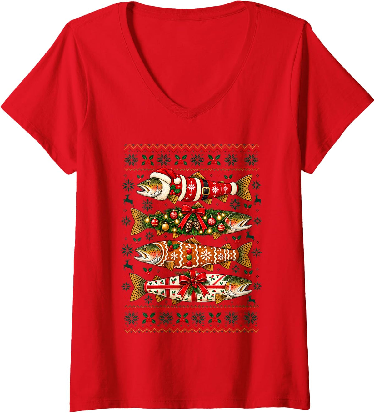 Women's Christmas Trout Fishing Santa Tree Gingerbread Ugly Sweater V-Neck T-Shirt - Red