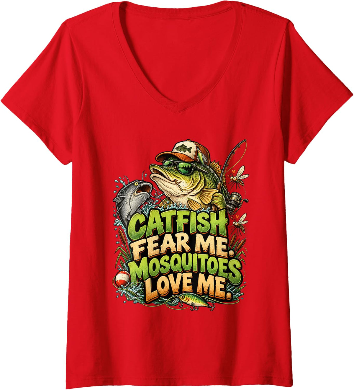 Women's Funny Bass Catfish Angler Fishing Humor Outdoors V-Neck T-Shirt - Red