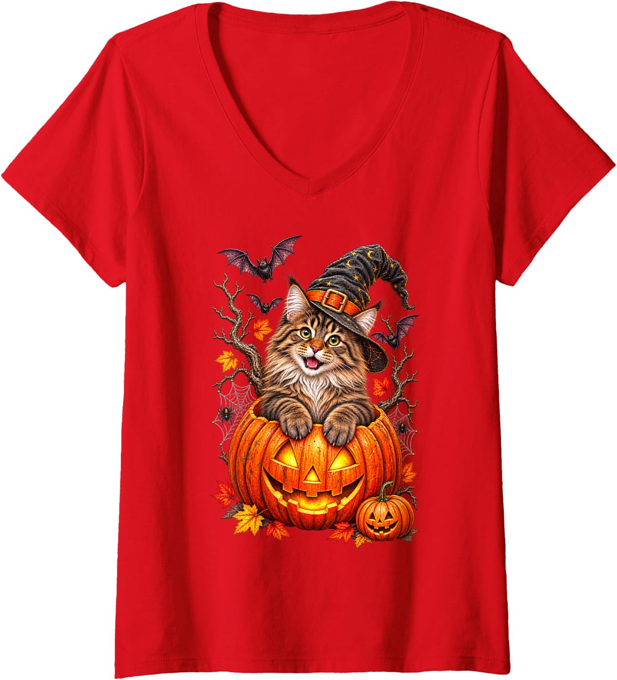 Women's Maine Coon Pumpkin Halloween Thanksgiving Men Women V-Neck T-Shirt - Red