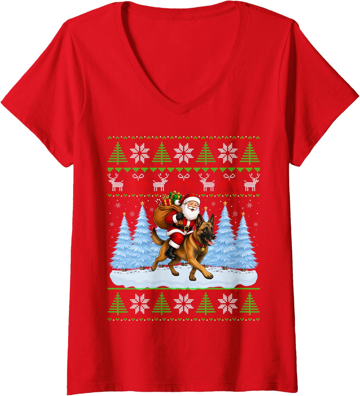 Women's Ugly Xmas Funny Santa Riding Belgian Malinois Dog Christmas V-Neck T-Shirt - Red
