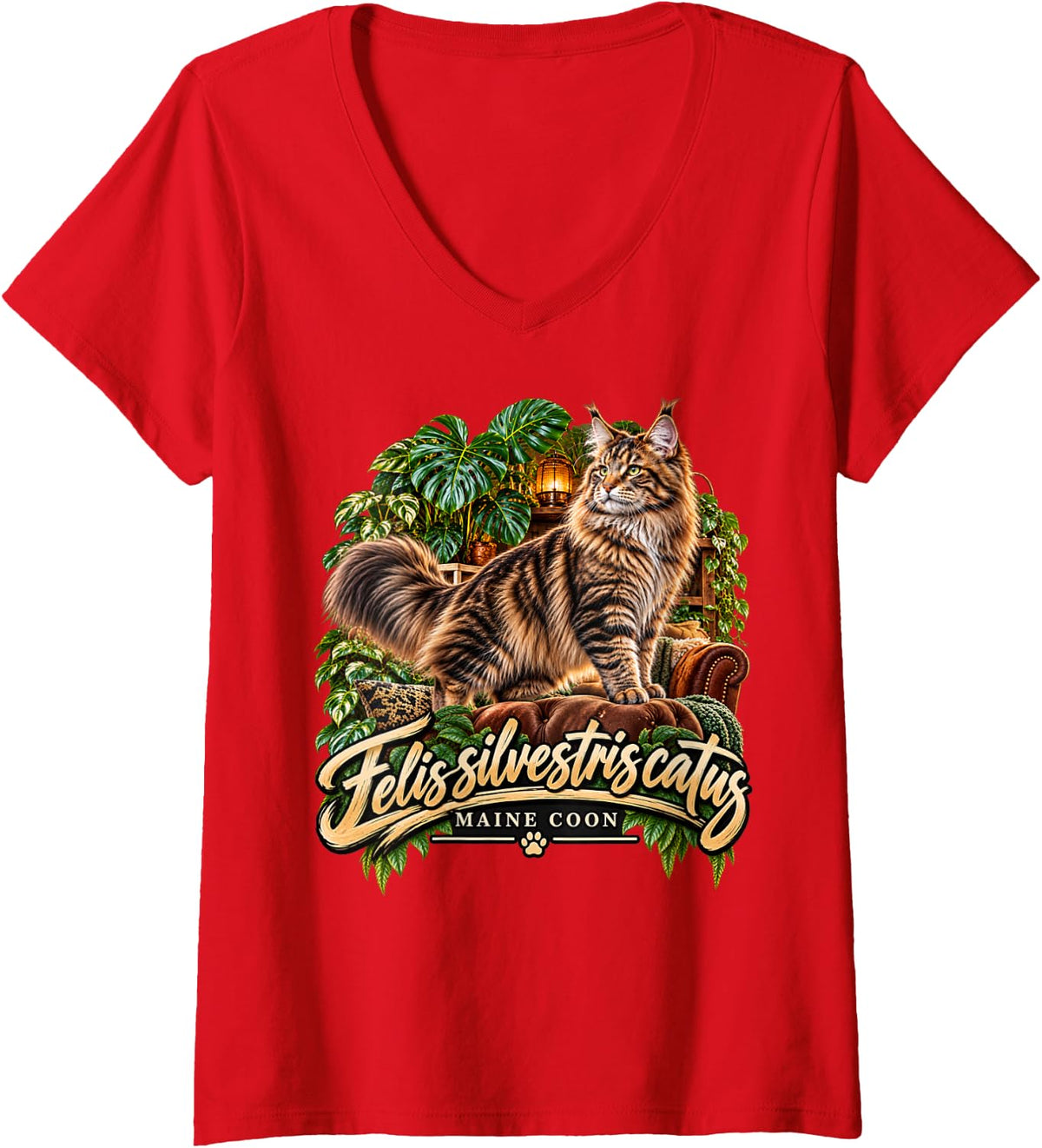 Women's Maine Coon Cat Felis Silvestris Catus Cat Lover V-Neck T-Shirt - Red