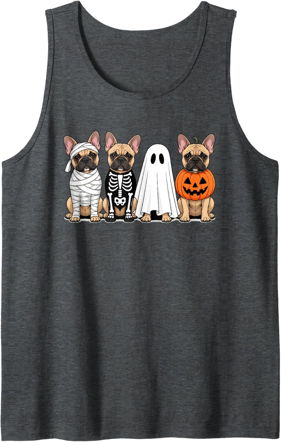 Spooky Ghost French Bulldog Pumpkin Halloween Dog Skeleton Sleeveless Tank Top - Dark Heather Grey