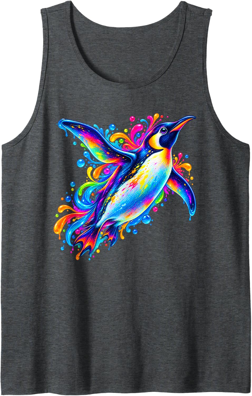 Colorful Penguin Splash Art Ocean Bird Sleeveless Tank Top - Dark Heather Grey