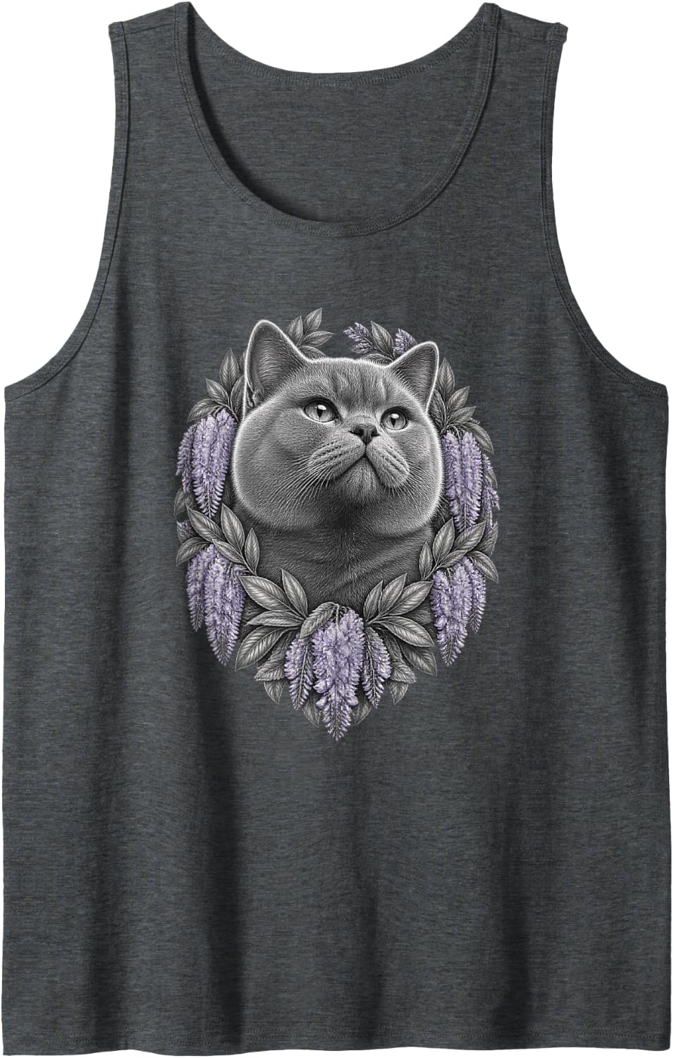 British Shorthair with Lavender Wisteria Flower Clusters Sleeveless Tank Top - Dark Heather Grey