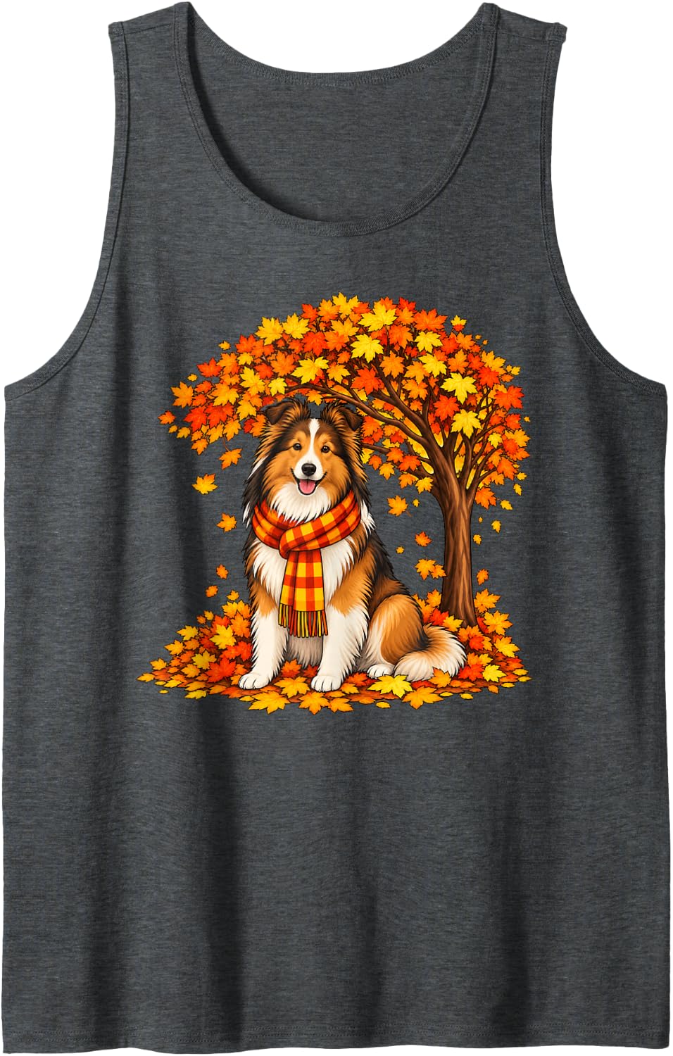 Shetland Sheepdog Tree Pumpkin Fall Dog Lover Thanksgiving Sleeveless Tank Top - Dark Heather Grey