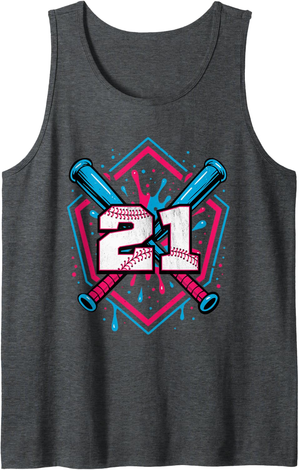 Baseball 21 Year Old Ice Cream Drip 21st Birthday Number 21 Sleeveless Tank Top - Dark Heather Grey
