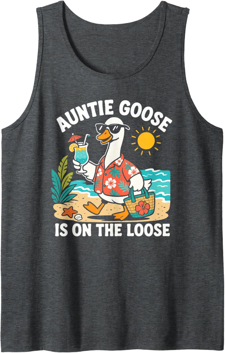 Auntie Goose Beach Vacation Sleeveless Tank Top - Dark Heather Grey