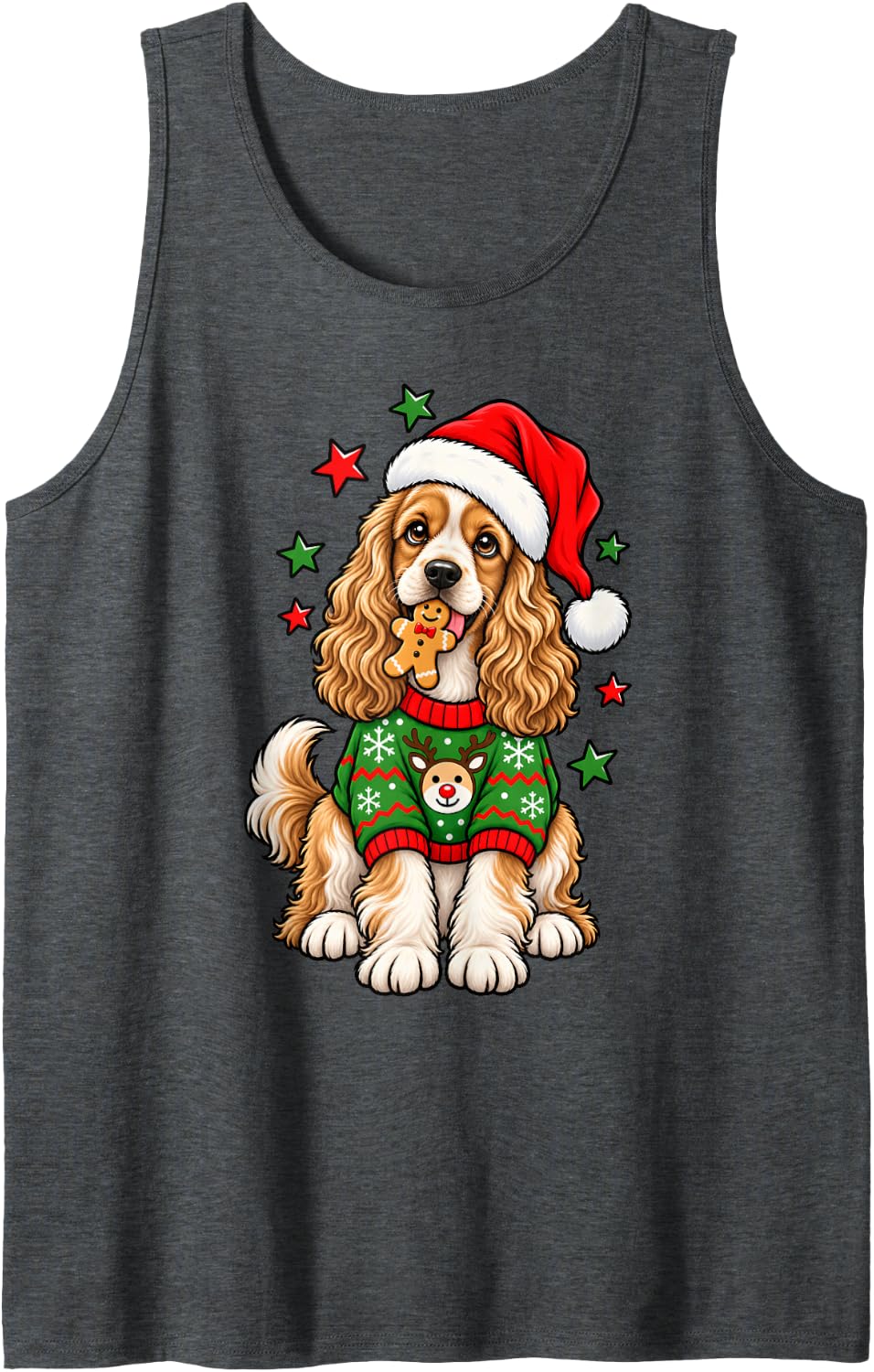 Santa Cocker Spaniel Holding Gingerbread Cookie Christmas Sleeveless Tank Top - Dark Heather Grey