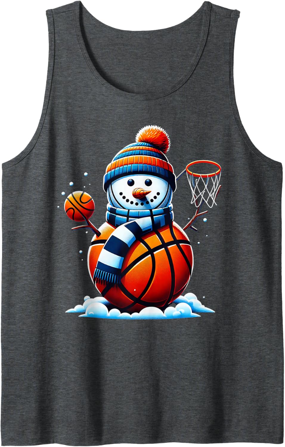 Basketball Snowman Winter Sports Holiday Design Sleeveless Tank Top - Dark Heather Grey