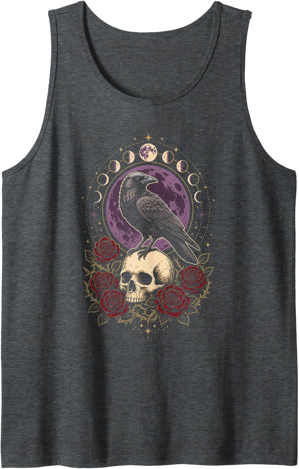 Bird Watching Gothic Crow Rose Moon Art Tank Top - Dark Heather Grey