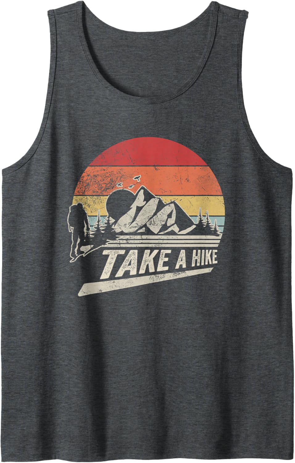 Take A Hike Retro Vintage Sunset Hiking Graphic Top Sleeveless Tank Top - Dark Heather Grey