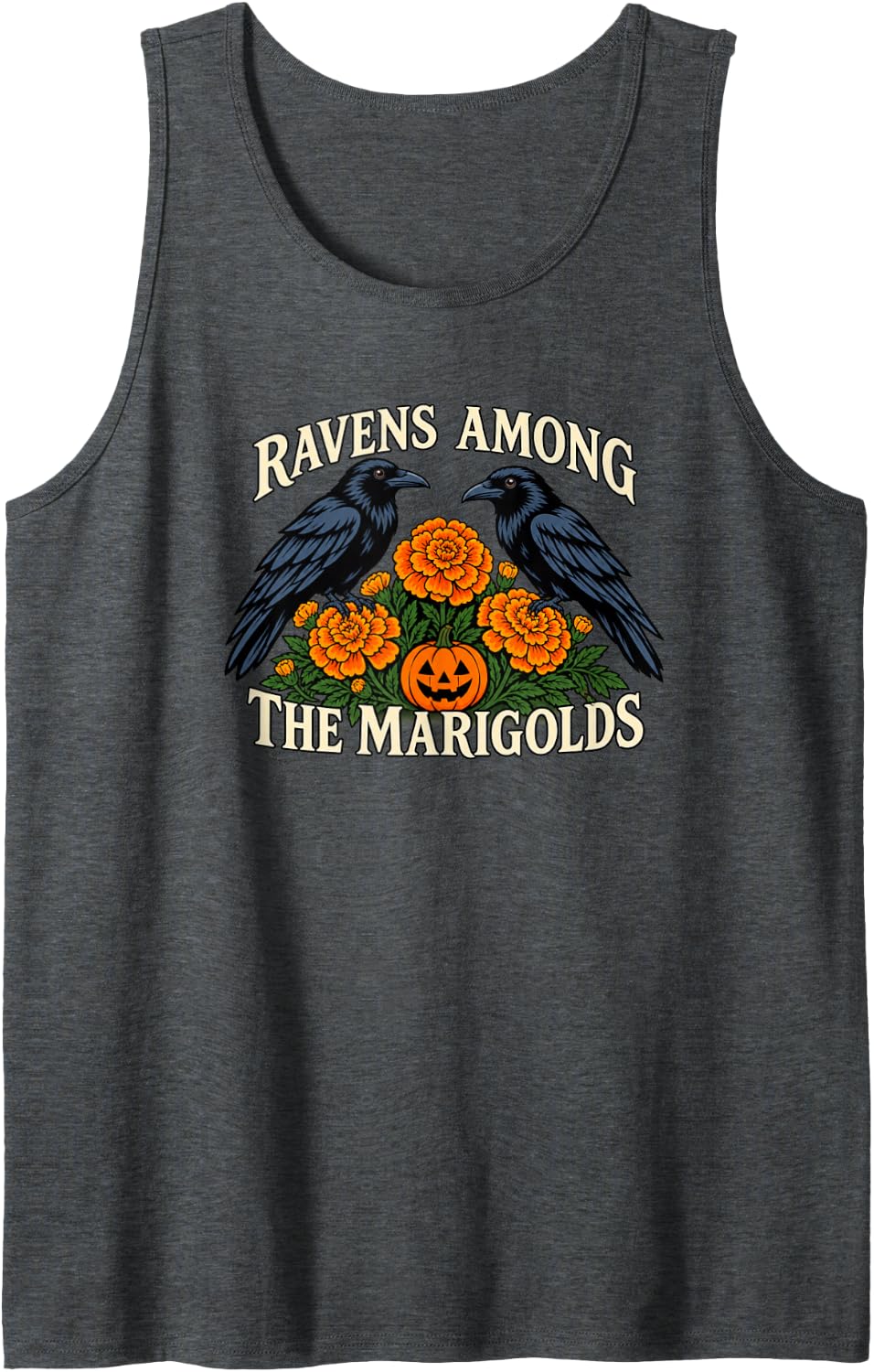 Halloween Ravens Marigolds Gothic Bird Flower Art Sleeveless Tank Top - Dark Heather Grey