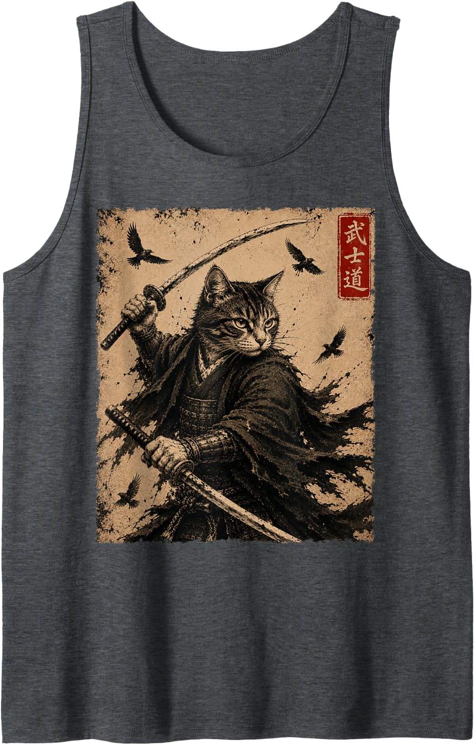 Vintage Samurai Cat Anime Warrior with Swords Funny Cats Tank Top - Dark Heather Grey