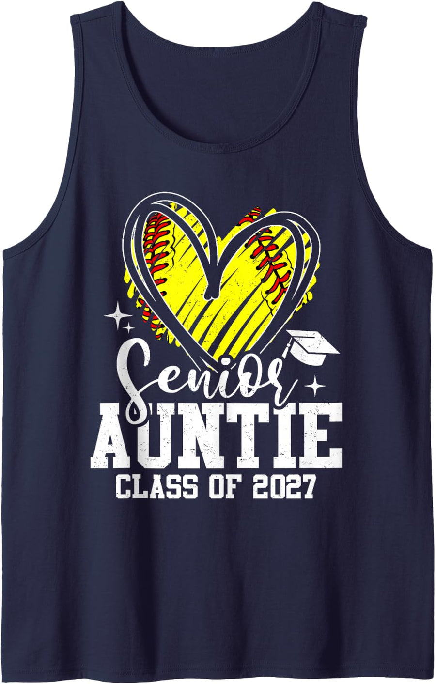 Proud Senior Auntie Class of 2027 Softball Graduation Heart Sleeveless Tank Top - Navy Blue