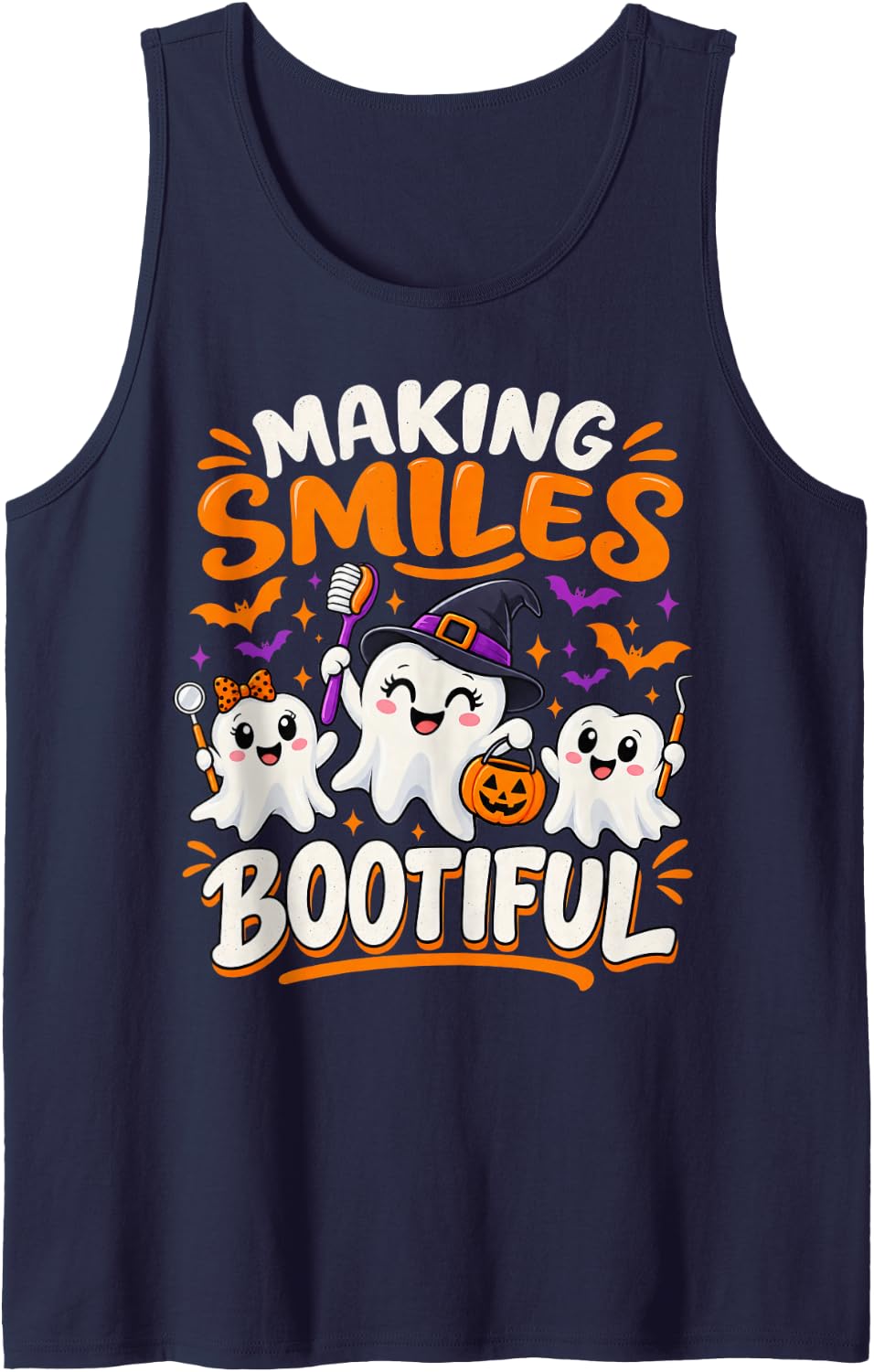Halloween Dentist Funny Making Smiles Bootiful Ghost Dental Sleeveless Tank Top - Navy Blue