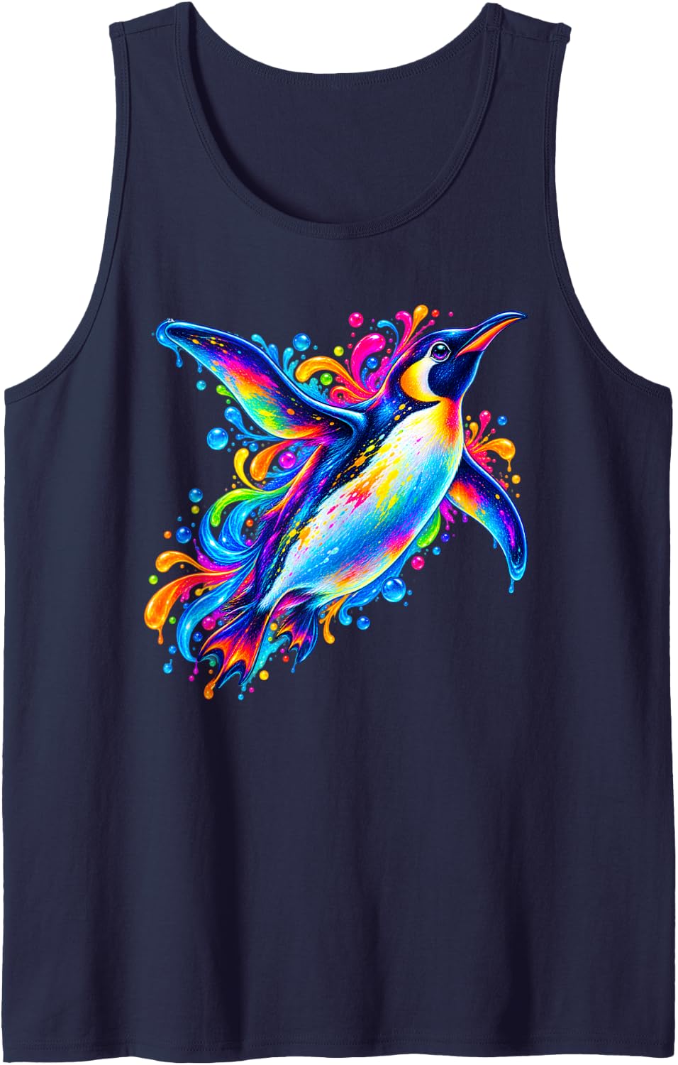 Colorful Penguin Splash Art Ocean Bird Sleeveless Tank Top - Navy Blue