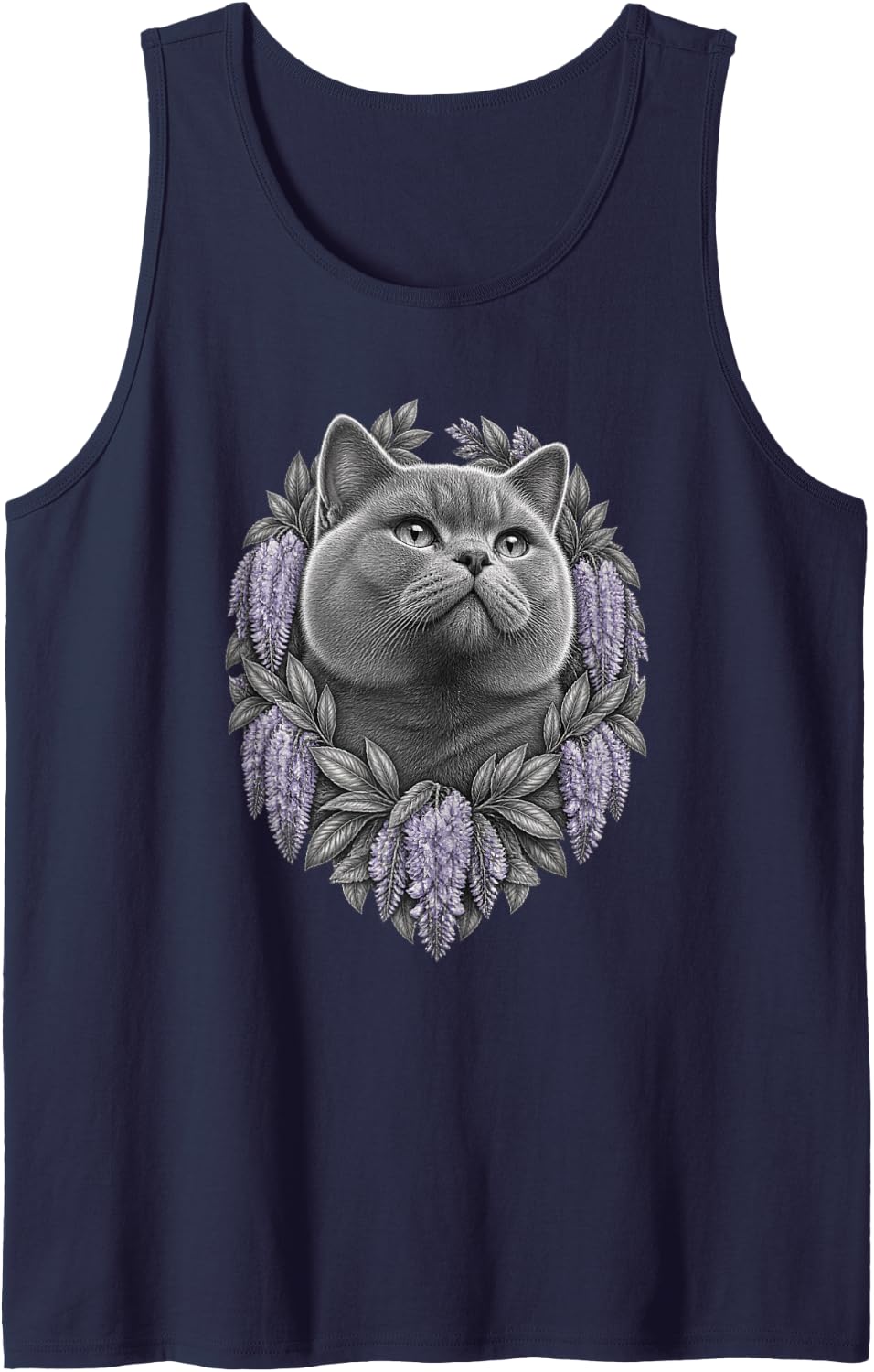 British Shorthair with Lavender Wisteria Flower Clusters Sleeveless Tank Top - Navy Blue