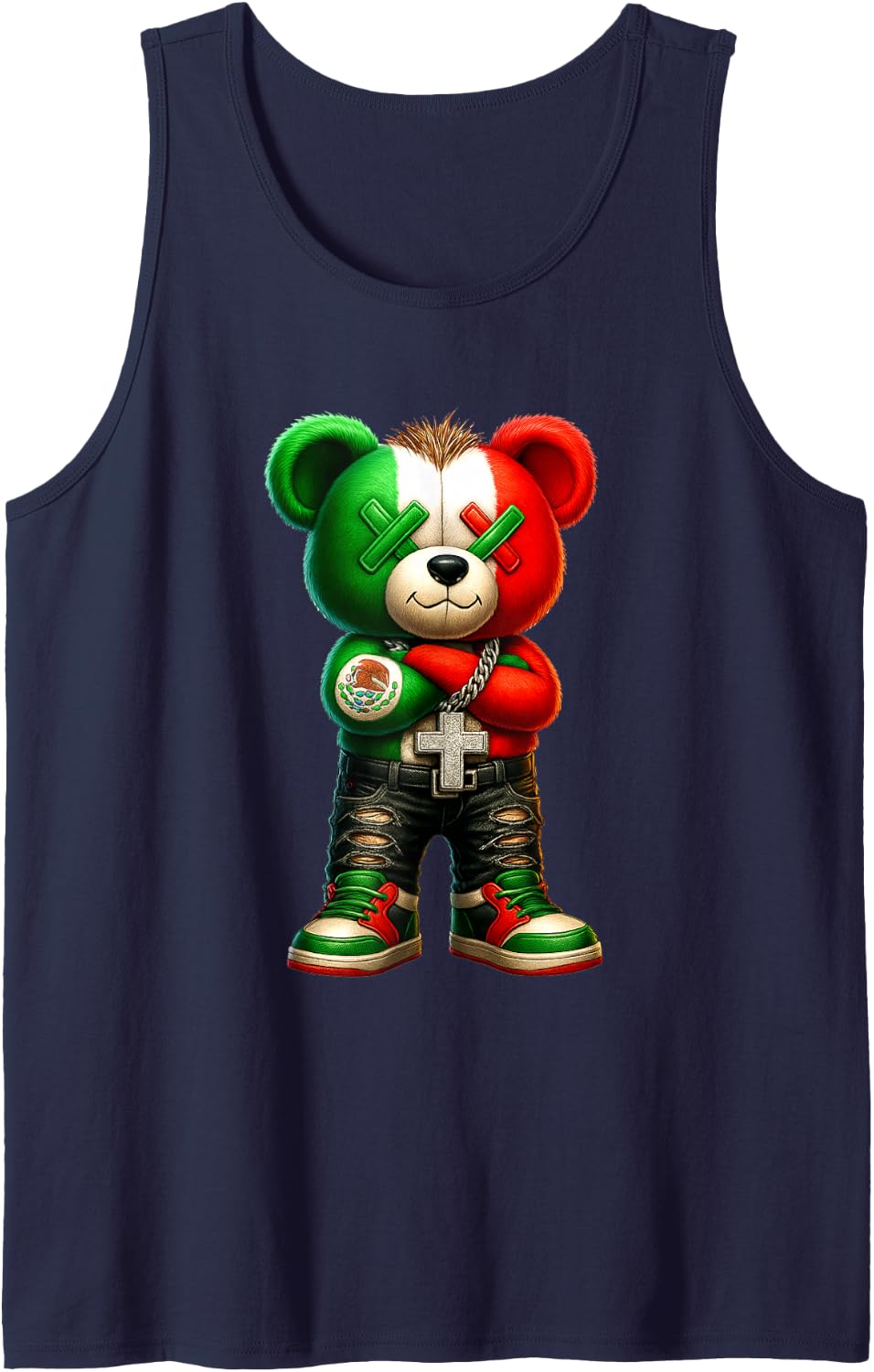 Mexican Street Bear Art Sleeveless Tank Top - Navy Blue