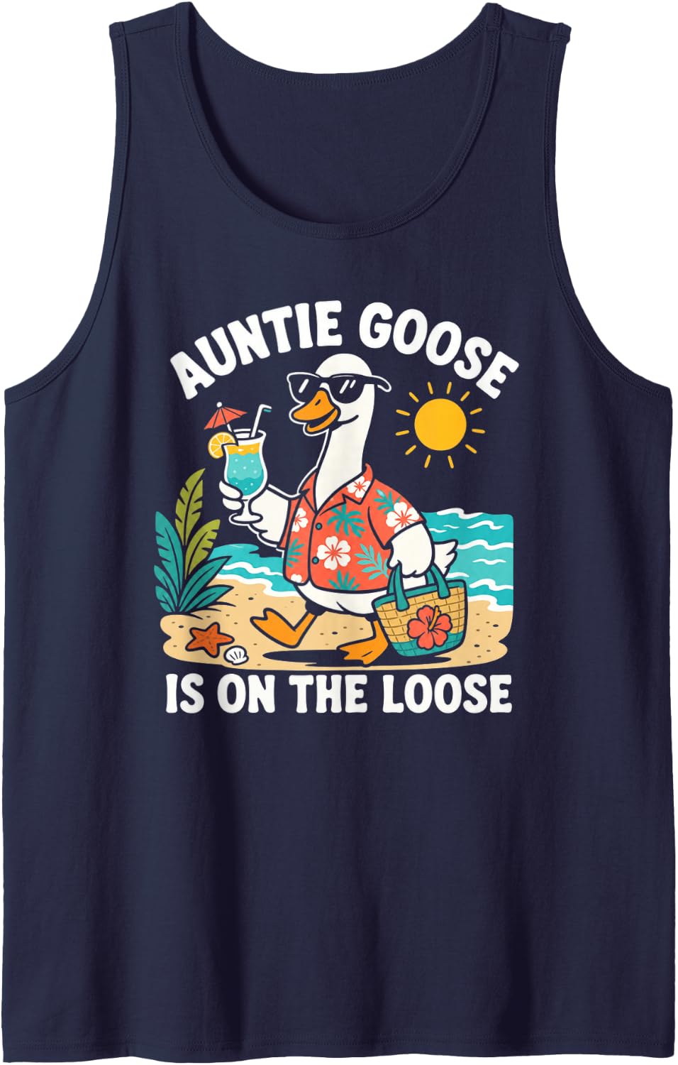 Auntie Goose Beach Vacation Sleeveless Tank Top - Navy Blue