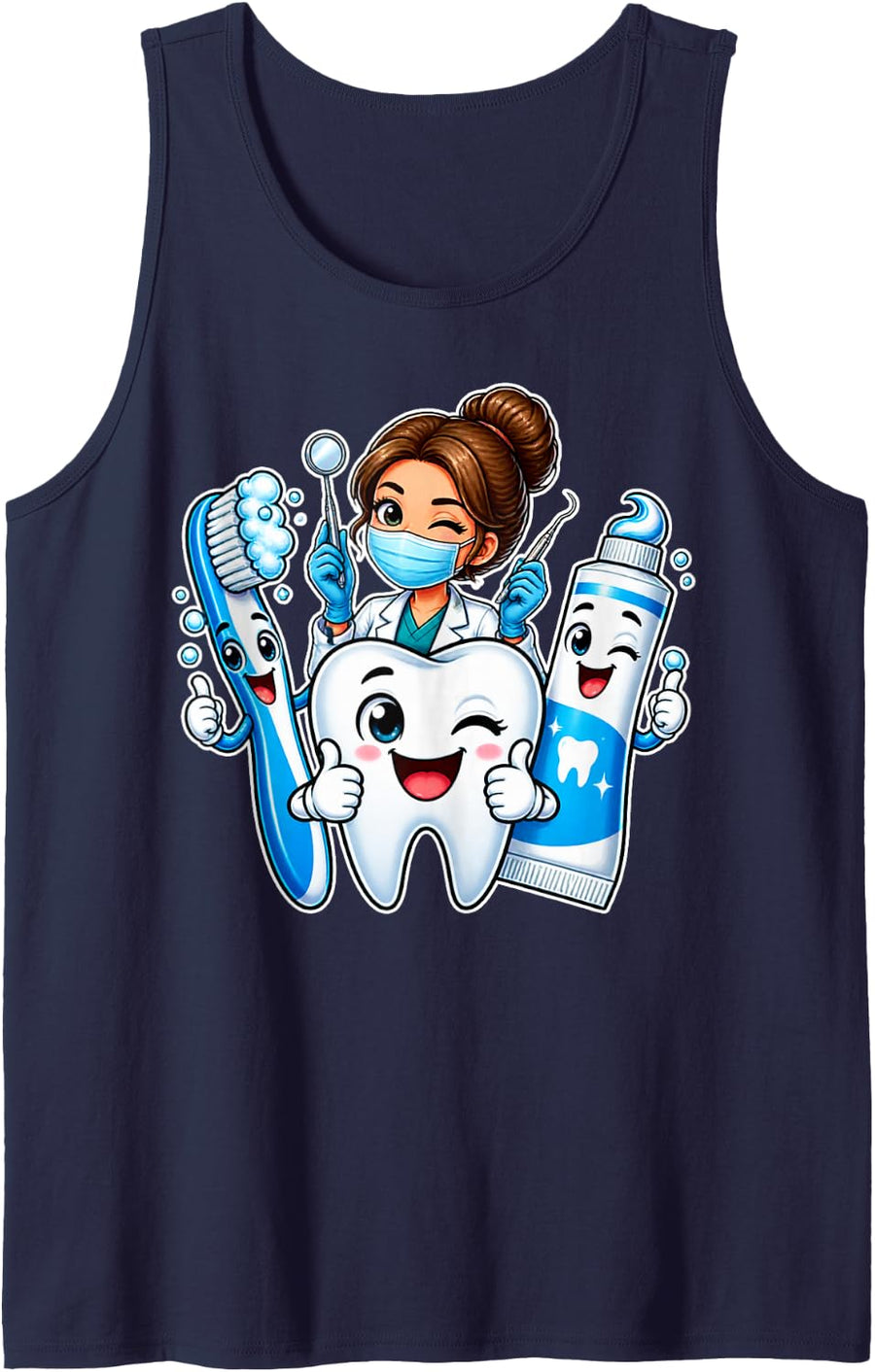 Dental Assistant Cute Tooth Dentist Toothbrush Toothpaste Sleeveless Tank Top - Navy Blue