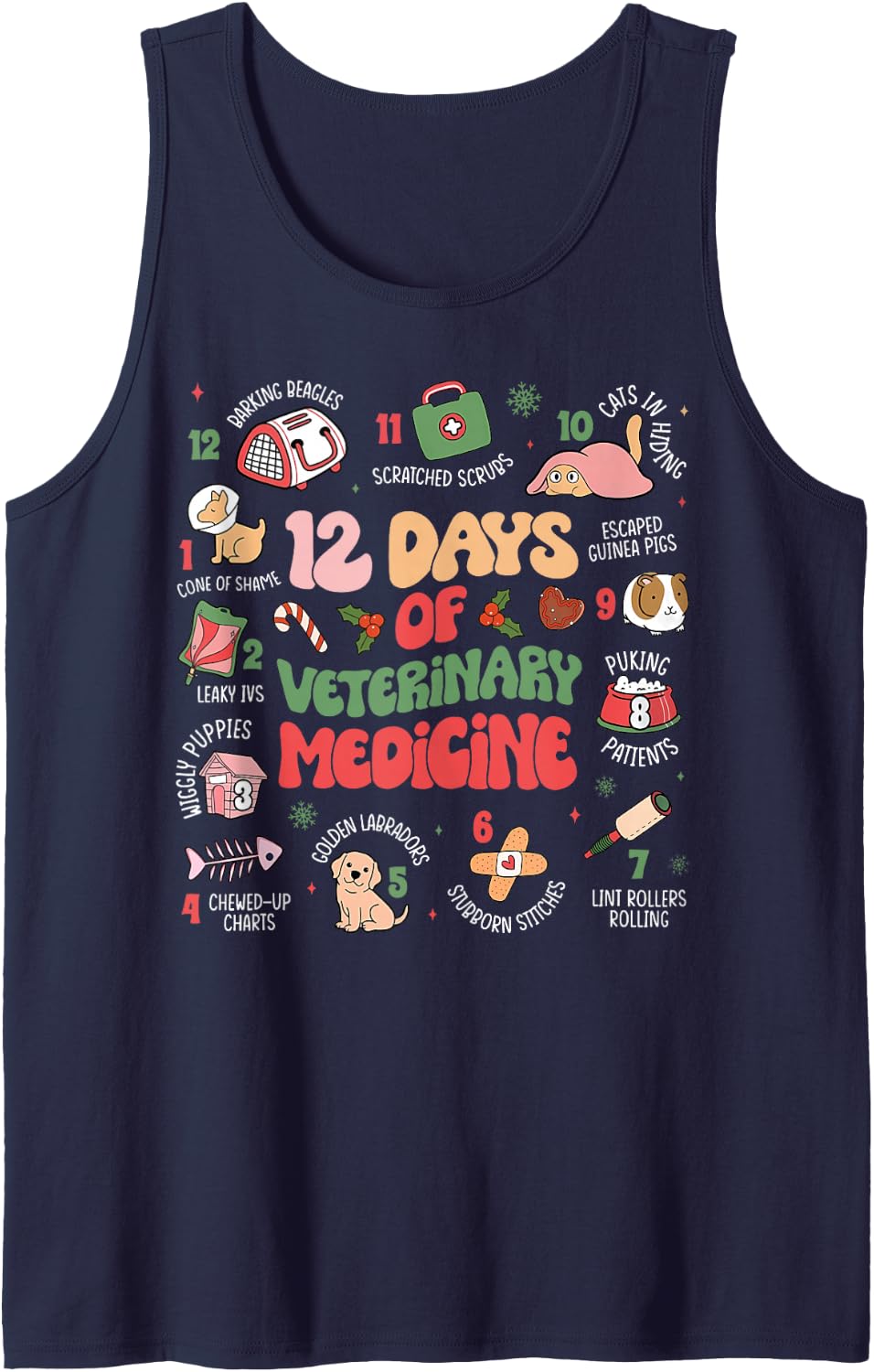 Funny Christmas Vet Tech 12 Days of Veterinary Medicine Sleeveless Tank Top - Navy Blue