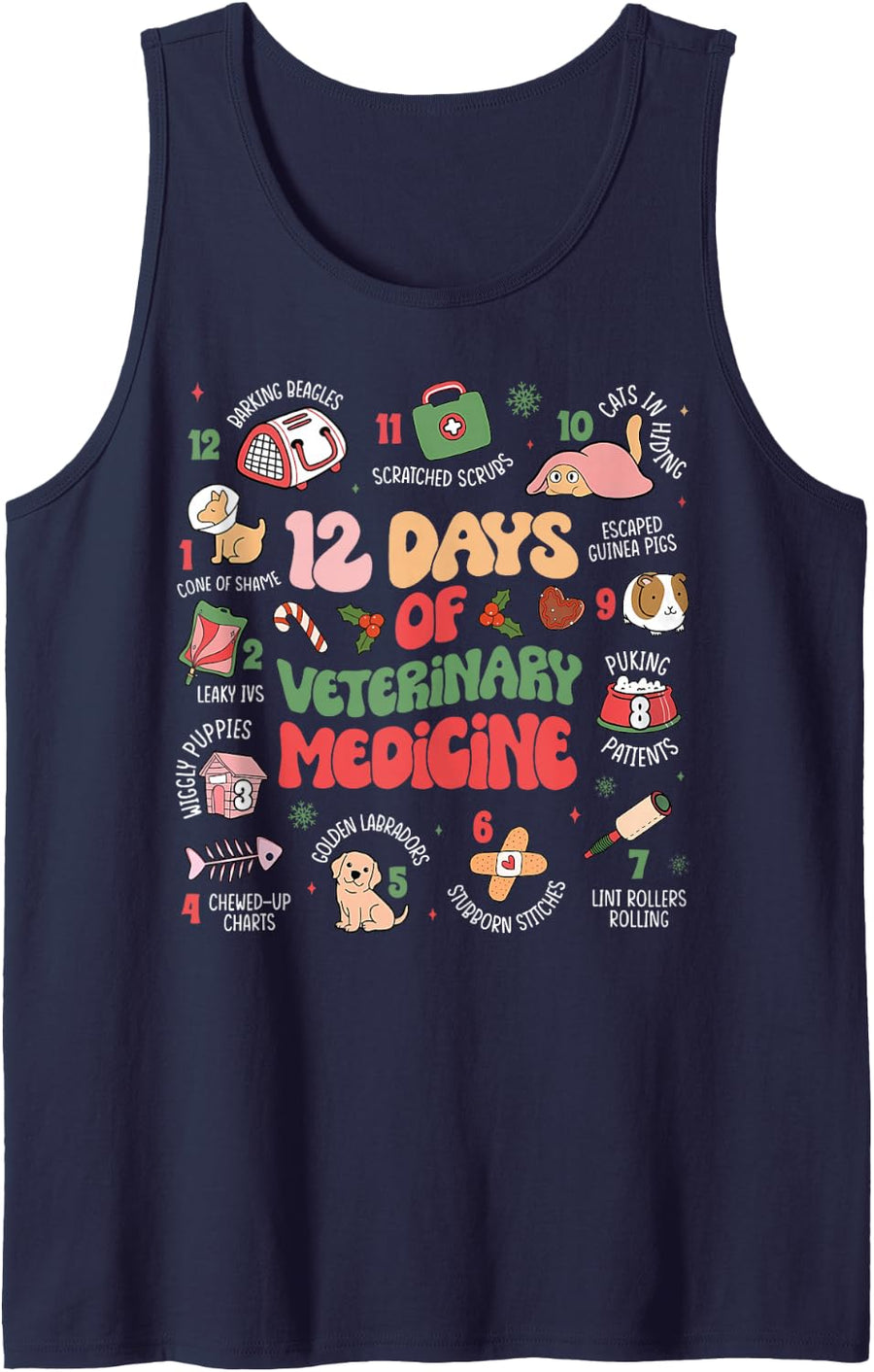 Funny Christmas Vet Tech 12 Days of Veterinary Medicine Sleeveless Tank Top - Navy Blue