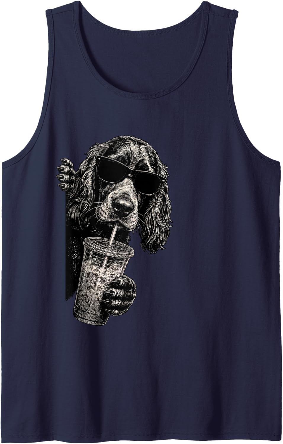 Cocker Spaniel Peeking Drinking Iced Coffee Humor Sleeveless Tank Top - Navy Blue