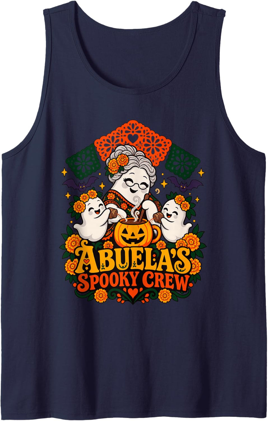 Abuela Halloween Grandma Ghost Family Mexican Marigold Sleeveless Tank Top - Navy Blue