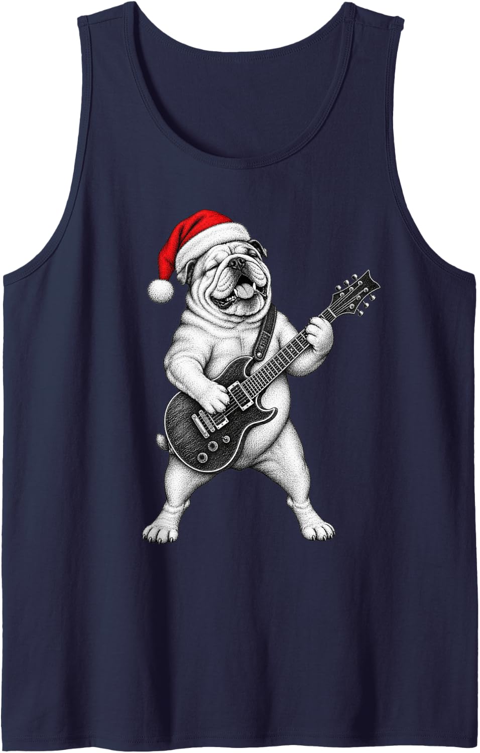 English Bulldog X-Mas Rock Guitar Dog Sleeveless Tank Top - Navy Blue