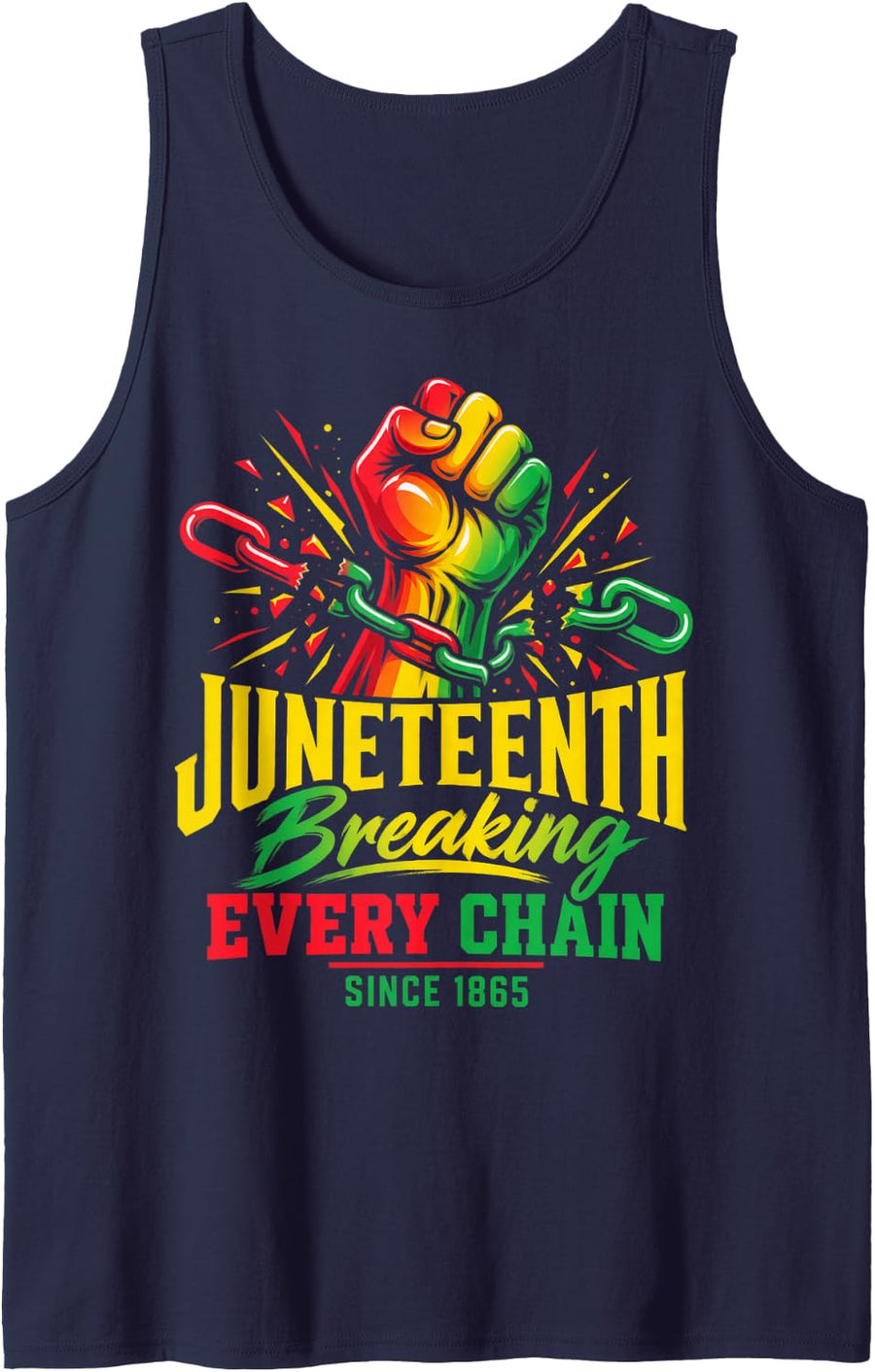 Juneteenth Raised Fist Broken Chain Freedom 1865 Sleeveless Tank Top - Navy Blue