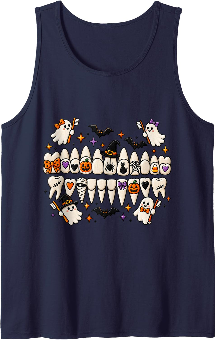 Halloween Dental Teeth Ghost Dentist Hygienist Cute Art Sleeveless Tank Top - Navy Blue