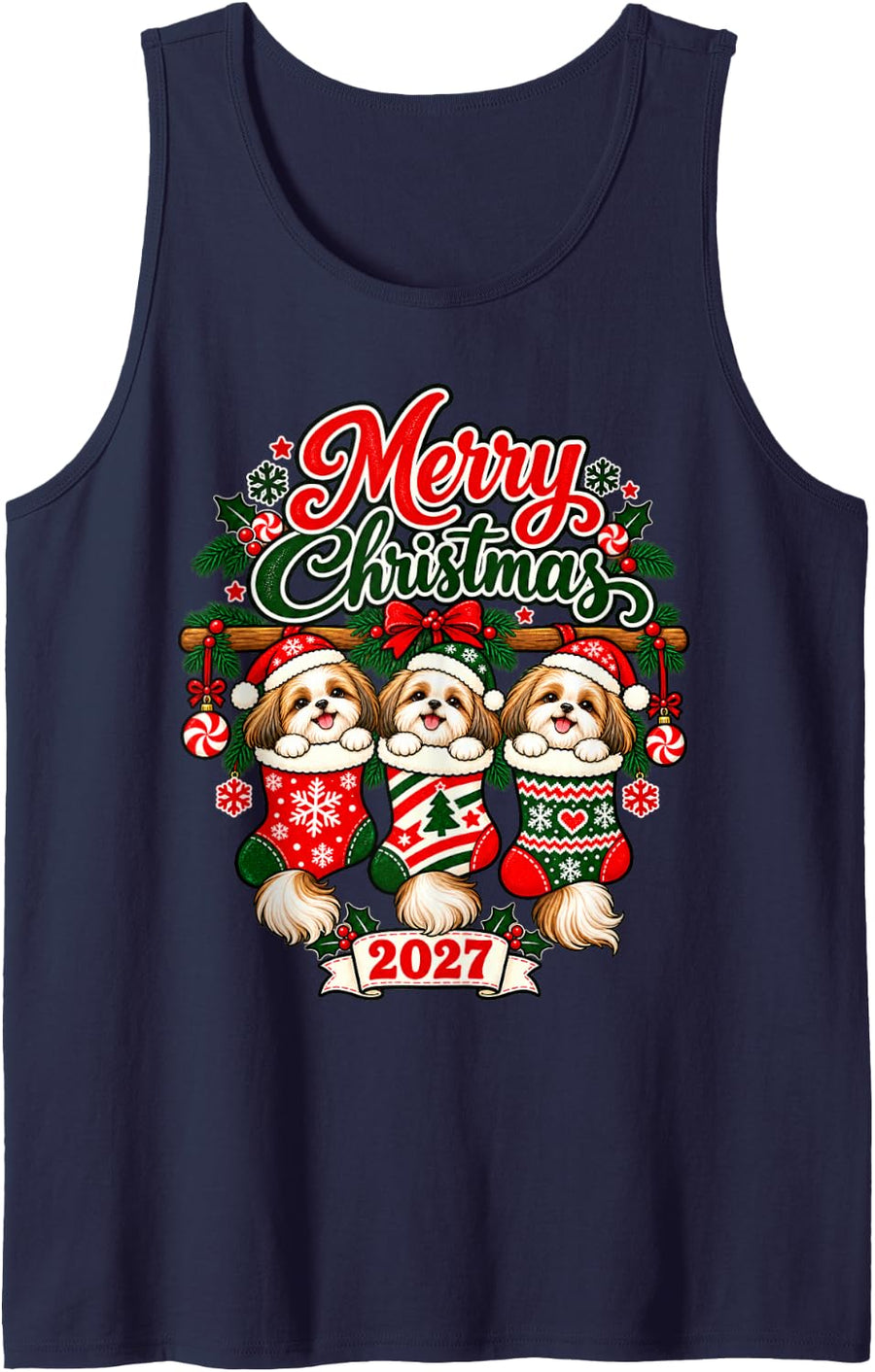 Merry Christmas 2027 Happy Shih Tzu in Stockings Men Women Sleeveless Tank Top - Navy Blue