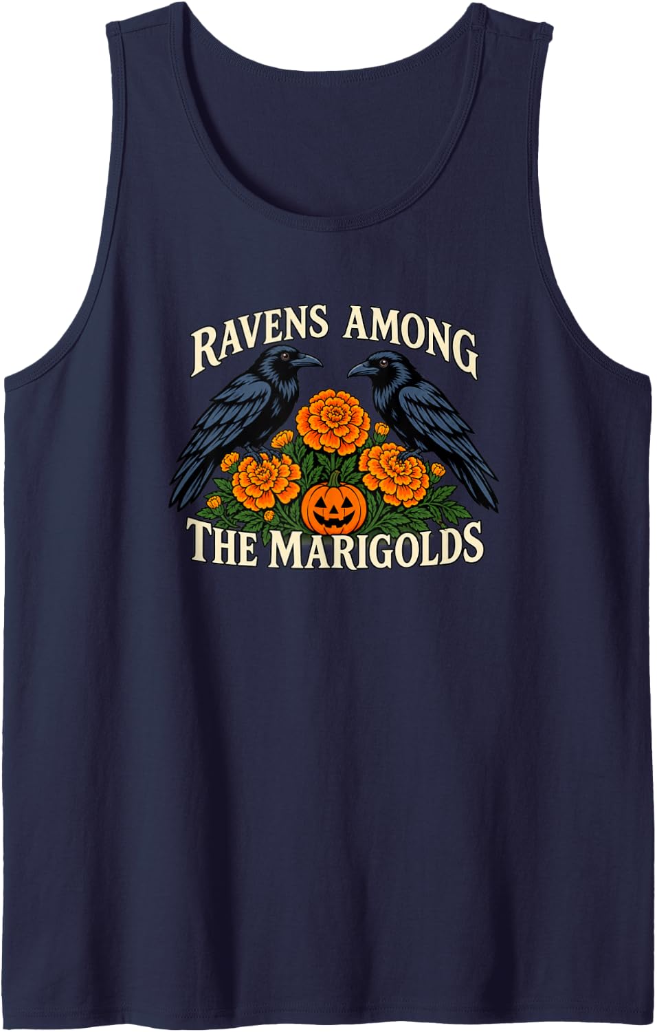 Halloween Ravens Marigolds Gothic Bird Flower Art Sleeveless Tank Top - Navy Blue