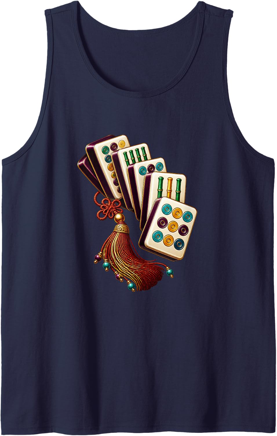 Ornate Traditional Mahjong Tile Fan with Lucky Knots Sleeveless Tank Top - Navy Blue