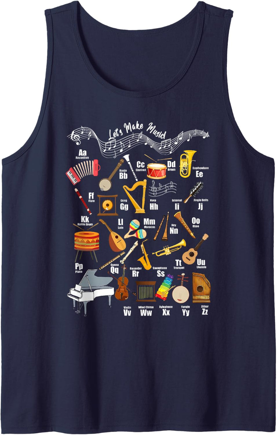 Let's Make Types Identification Music Teacher Alphabet ABCs Sleeveless Tank Top - Navy Blue