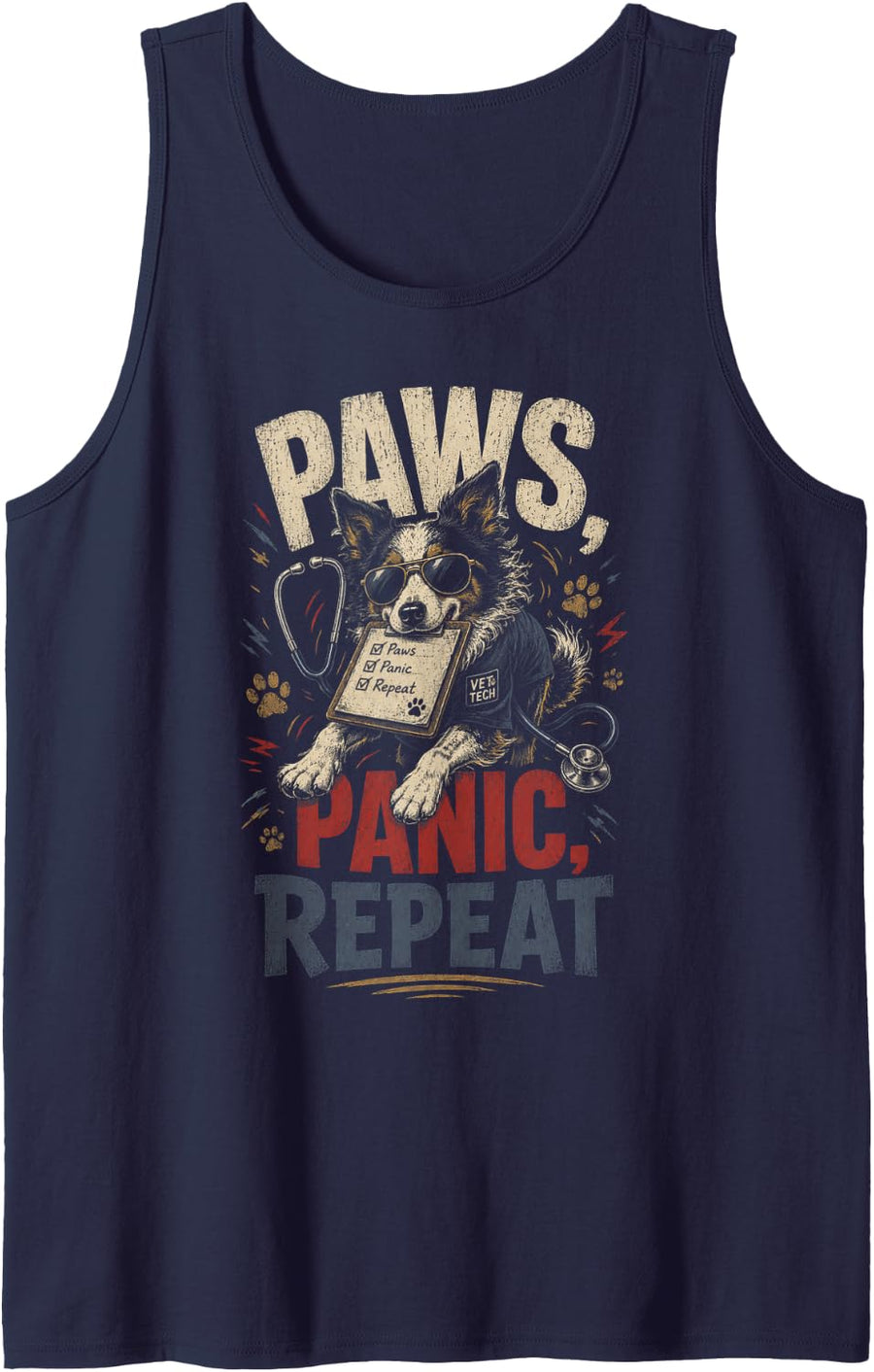 Retro Vet Tech Paws Panic Repeat Funny Veterinary Assistant Sleeveless Tank Top - Navy Blue