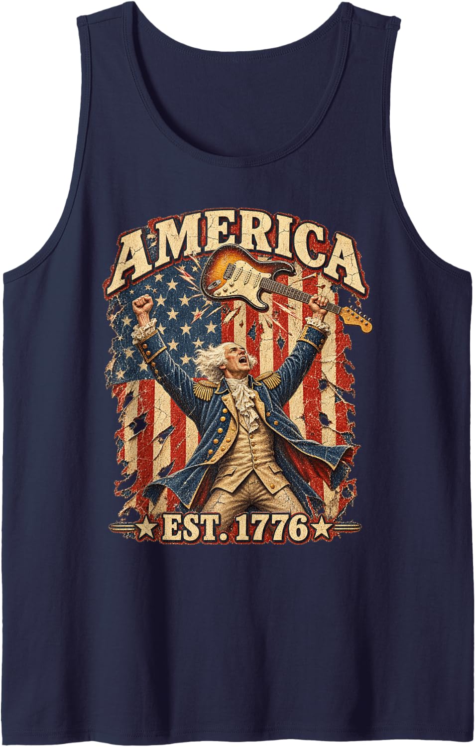 George Washington Playing Guitar Funny 4th of July President Sleeveless Tank Top - Navy Blue
