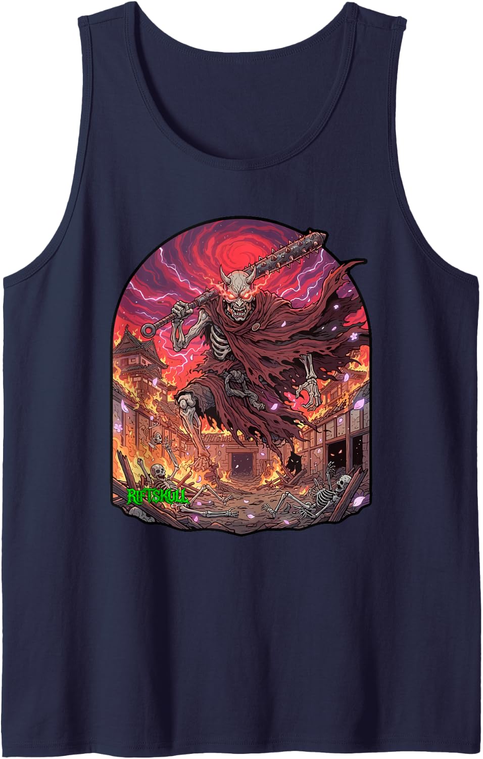 Skeleton Japanese Oni Samurai Heavy Metal Gothic Fantasy Sleeveless Tank Top - Navy Blue