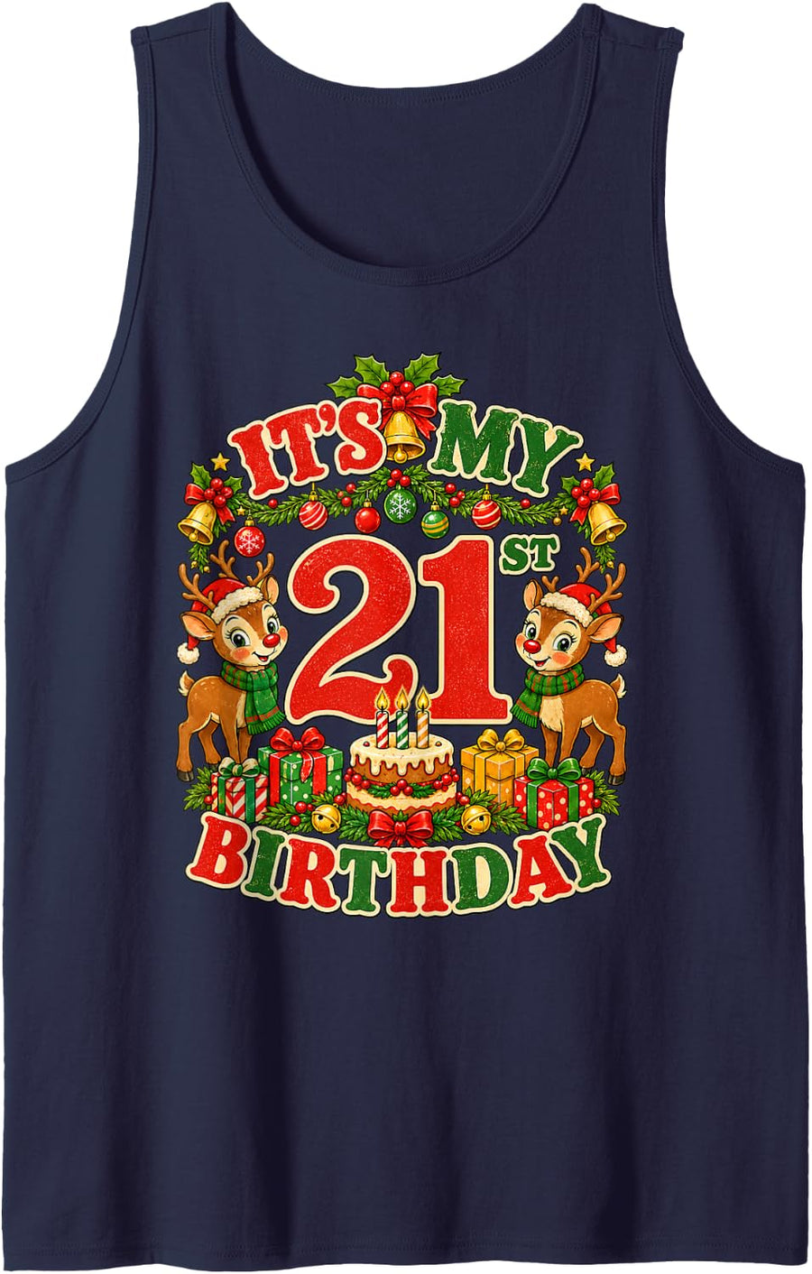 It's My 21st Birthday Christmas Reindeer 21 Years Old Party Sleeveless Tank Top - Navy Blue