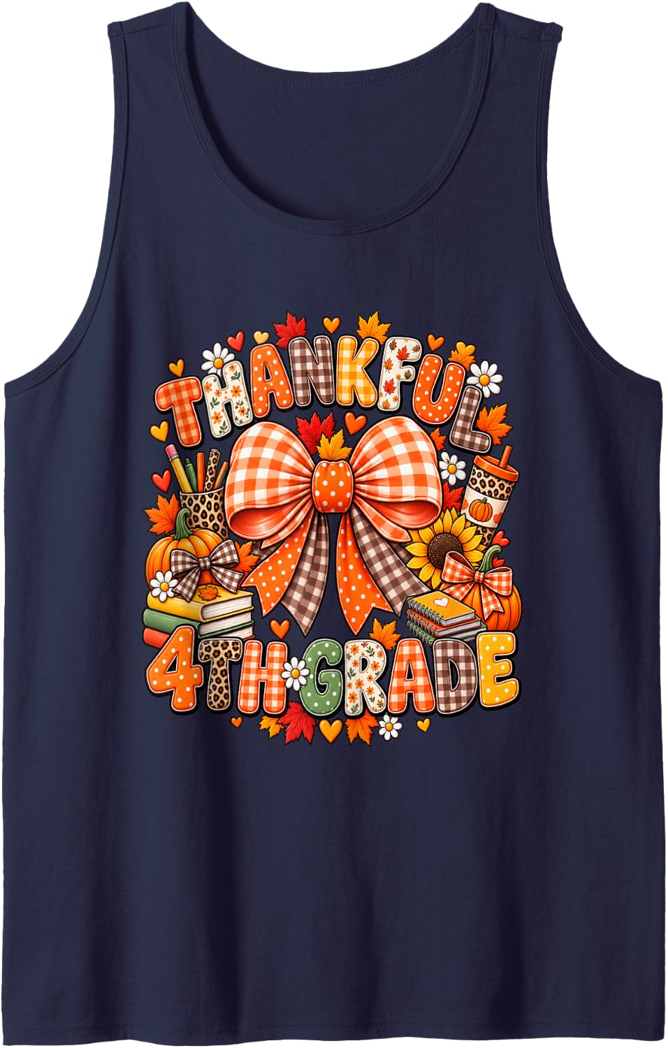 Fall Fourth Grade Thankful 4th Grade Teacher Thanksgiving Sleeveless Tank Top - Navy Blue