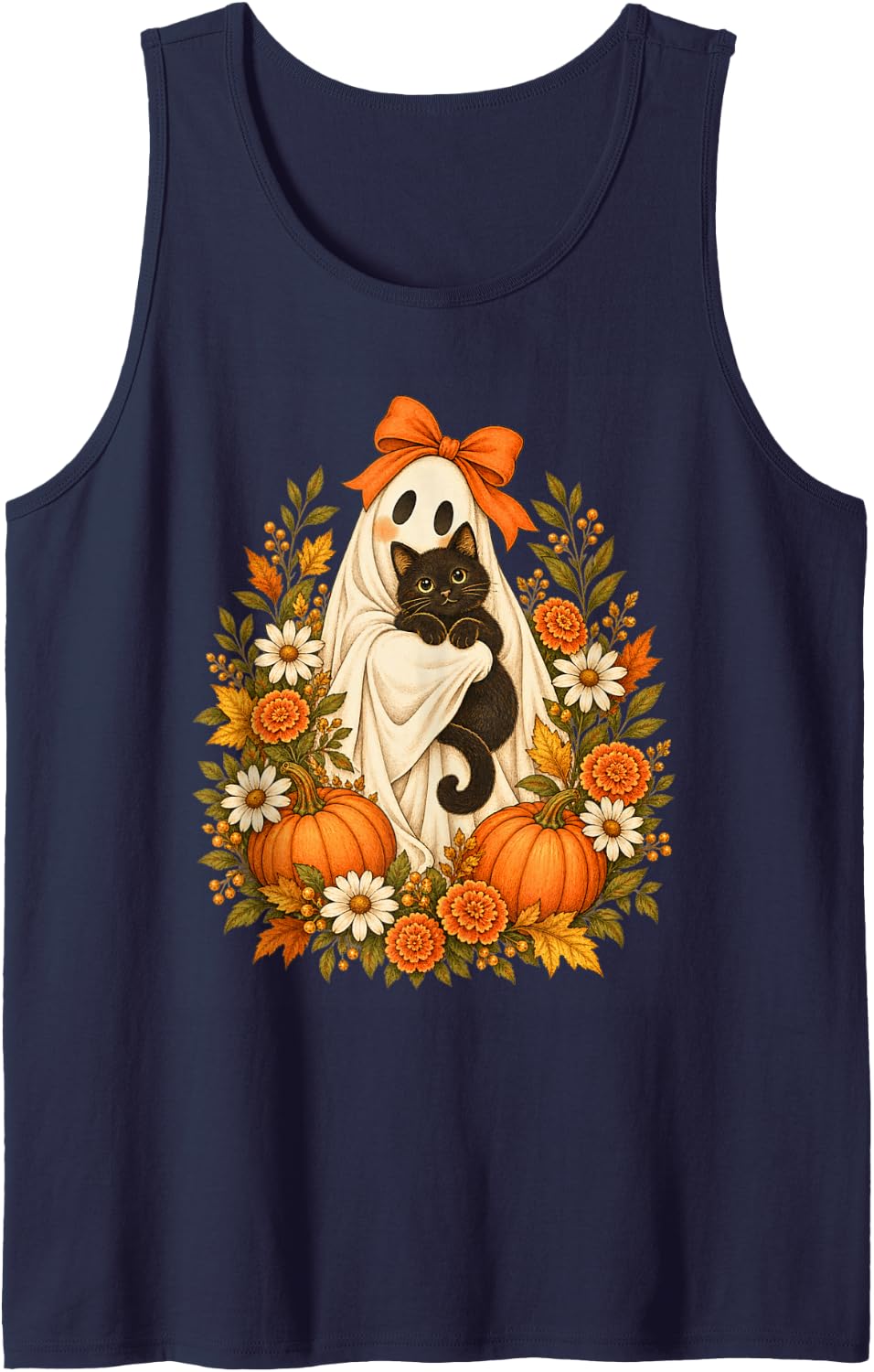 Halloween Ghost Black Cat Orange Bow Autumn for Cat Lovers Sleeveless Tank Top - Navy Blue
