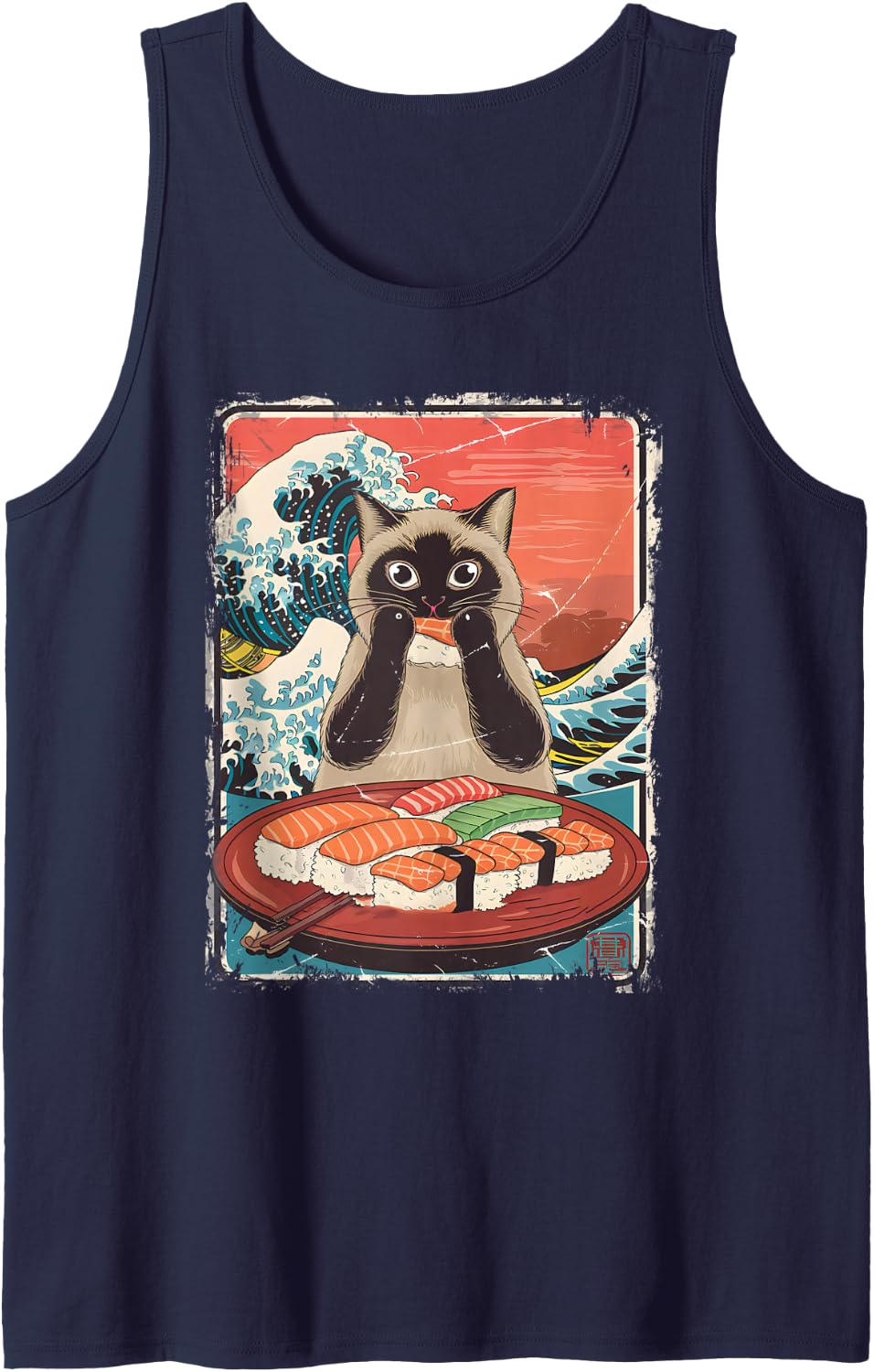 Kawaii Siamese Cat Eating Sushi Japanese Art Ocean Waves Sleeveless Tank Top - Navy Blue