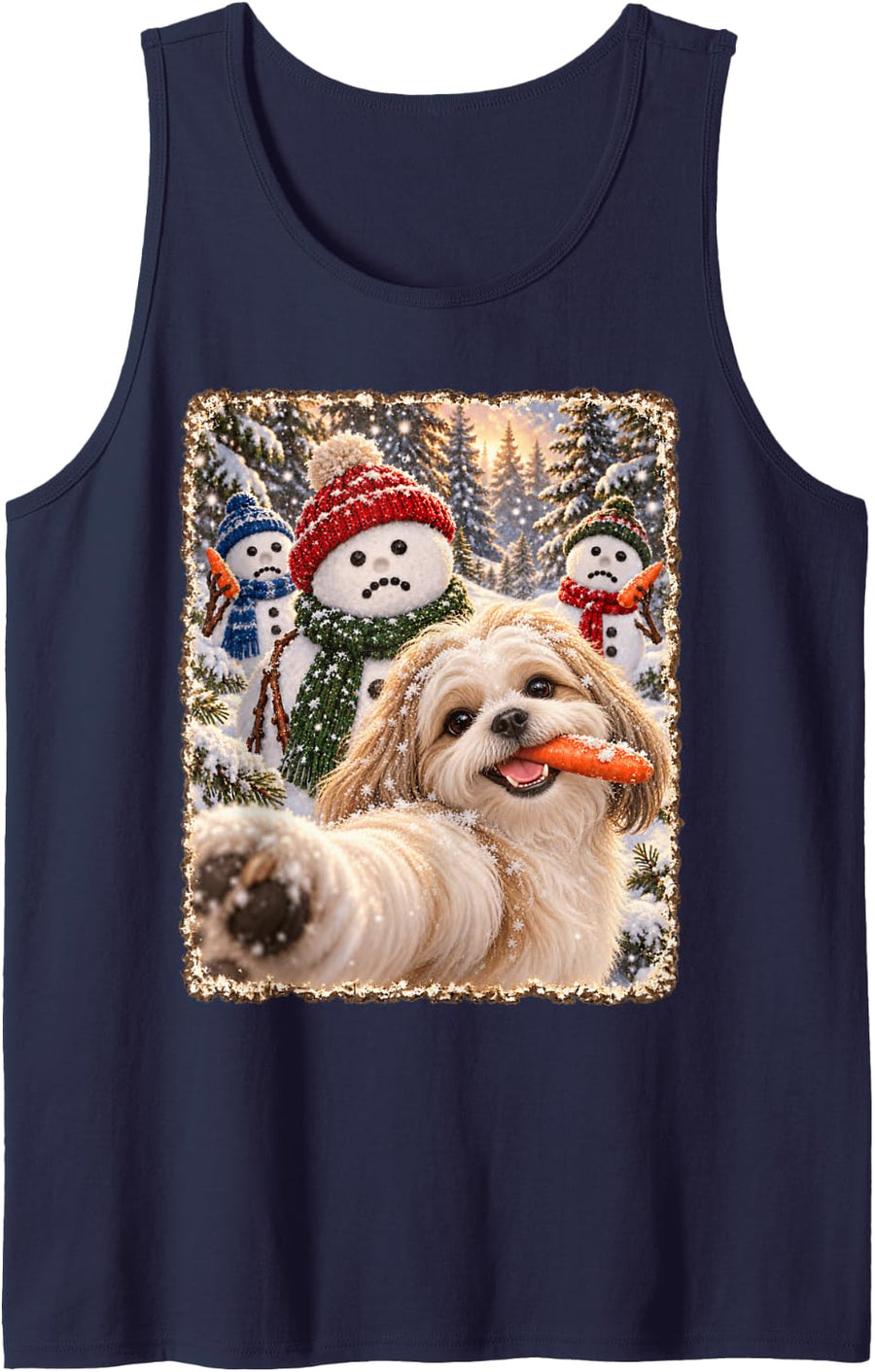 Funny Shih Tzu Cheerful Christmas Snowman Selfie Sleeveless Tank Top - Navy Blue