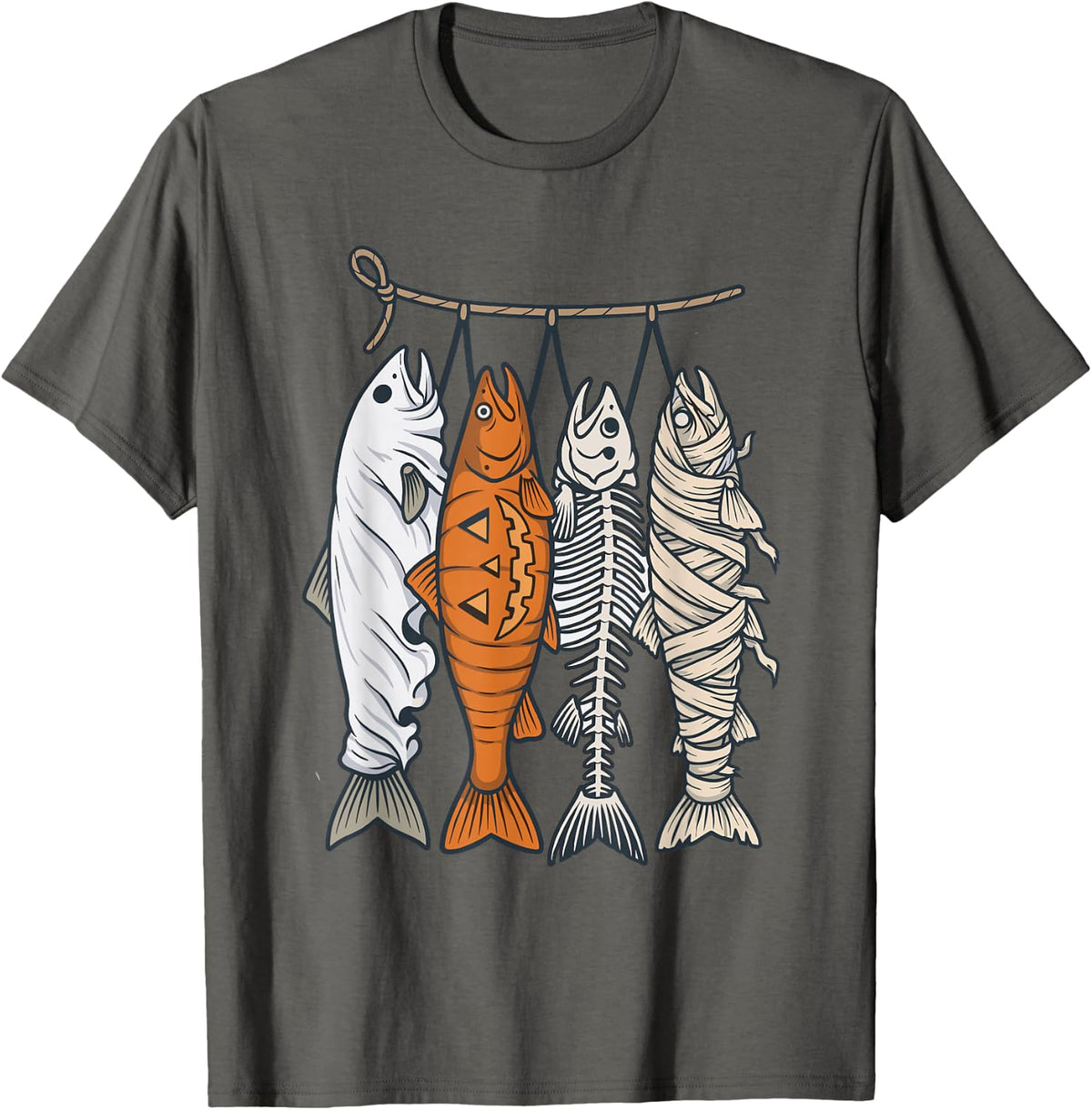 Funny Halloween Fishing Ghost Fish Skeleton Mummy Angler T-Shirt - Asphalt Grey
