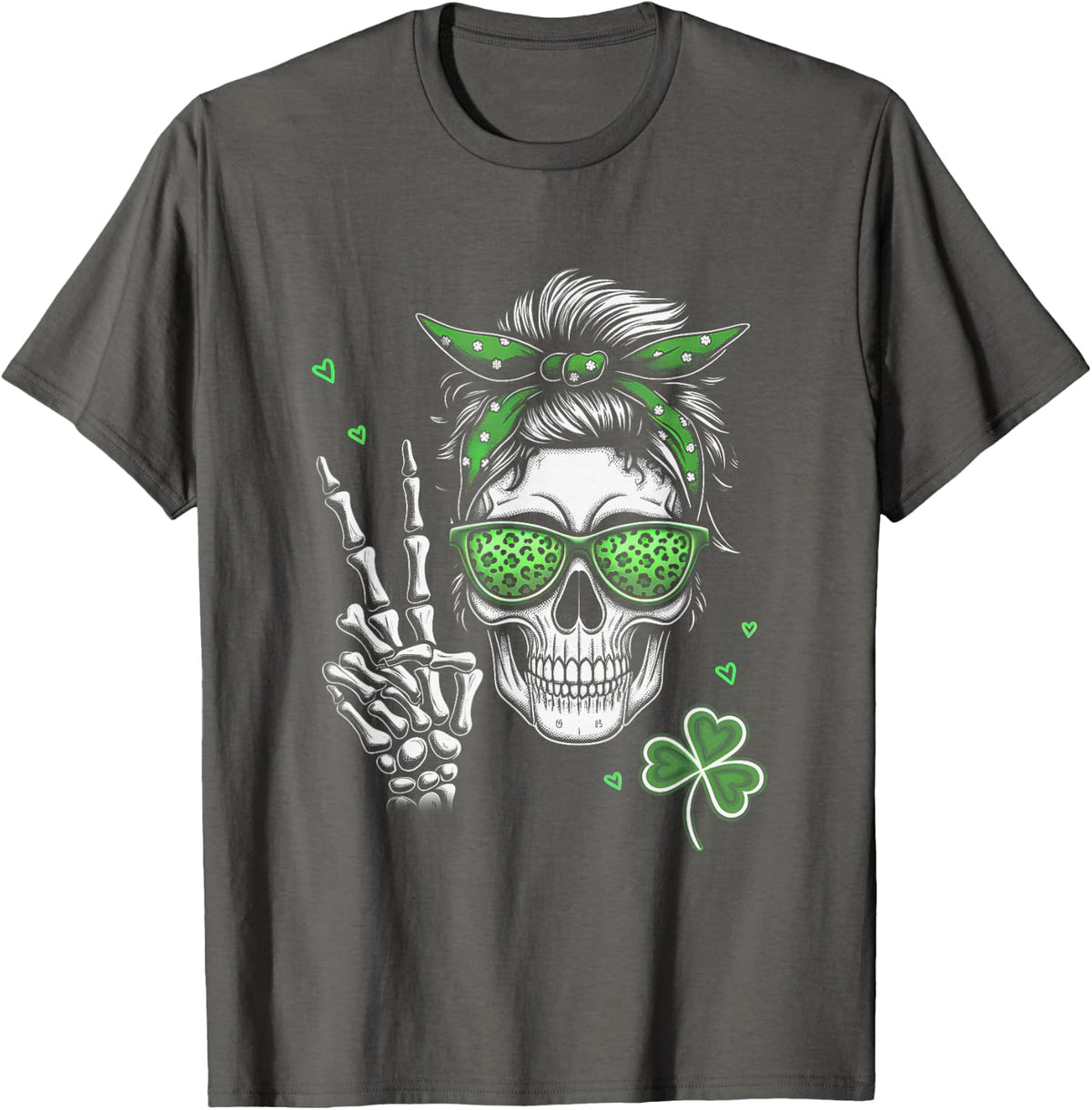 Funny St Patricks Day Skull Messy Bun Saint Pattys Paddys T-Shirt - Asphalt Grey