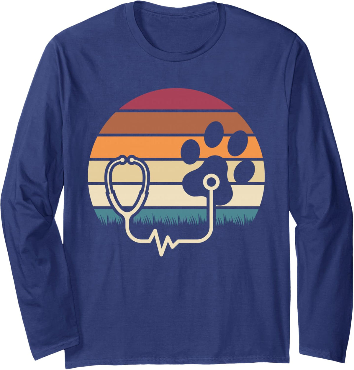 Retro Paw Stethoscope Vet Tech Funny Veterinary Technician Long Sleeve T-Shirt - Adult Unisex Navy Blue