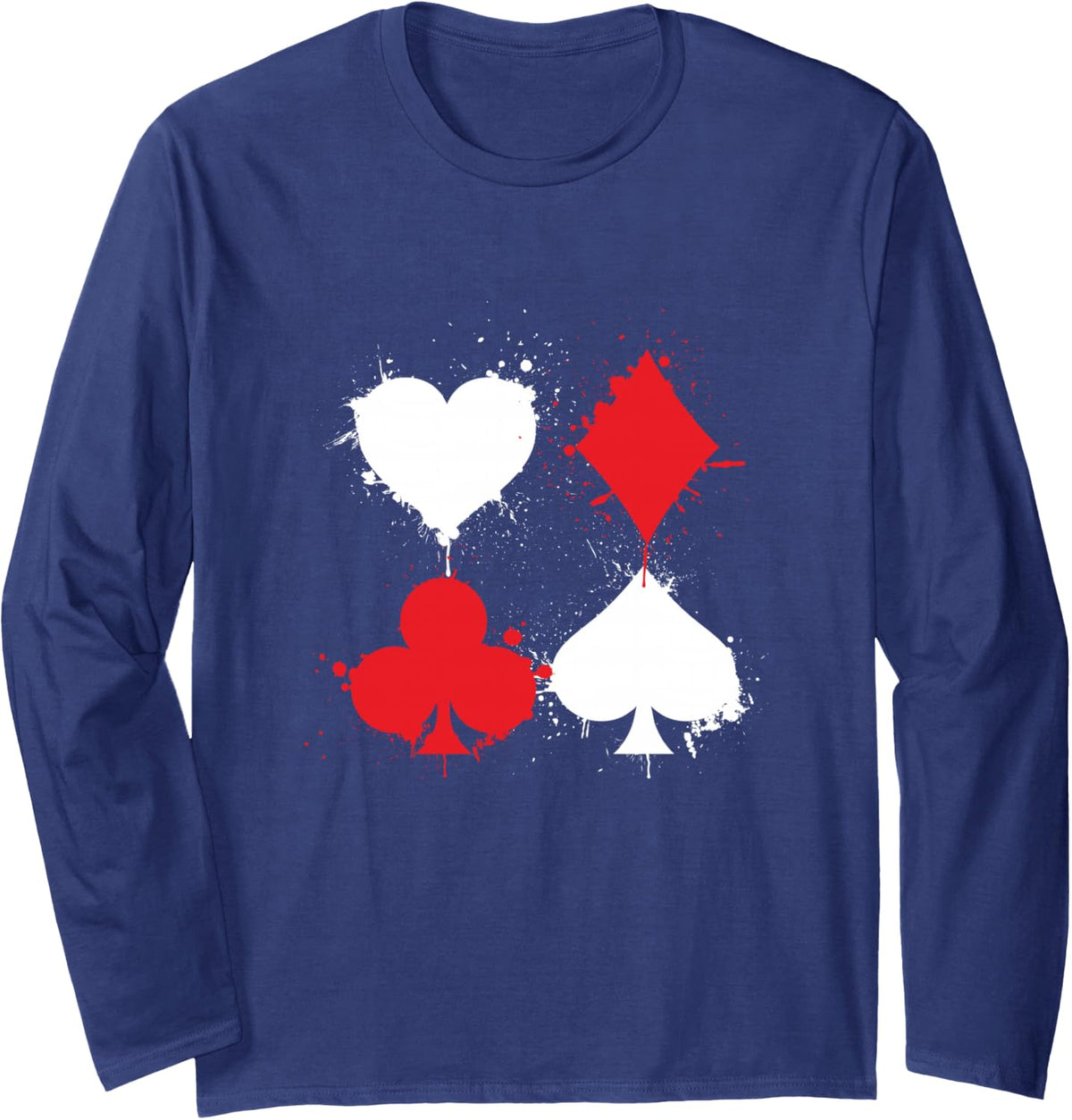 Playing Cards Poker Heart Spade Diamond Club Long Sleeve T-Shirt - Adult Unisex Navy Blue